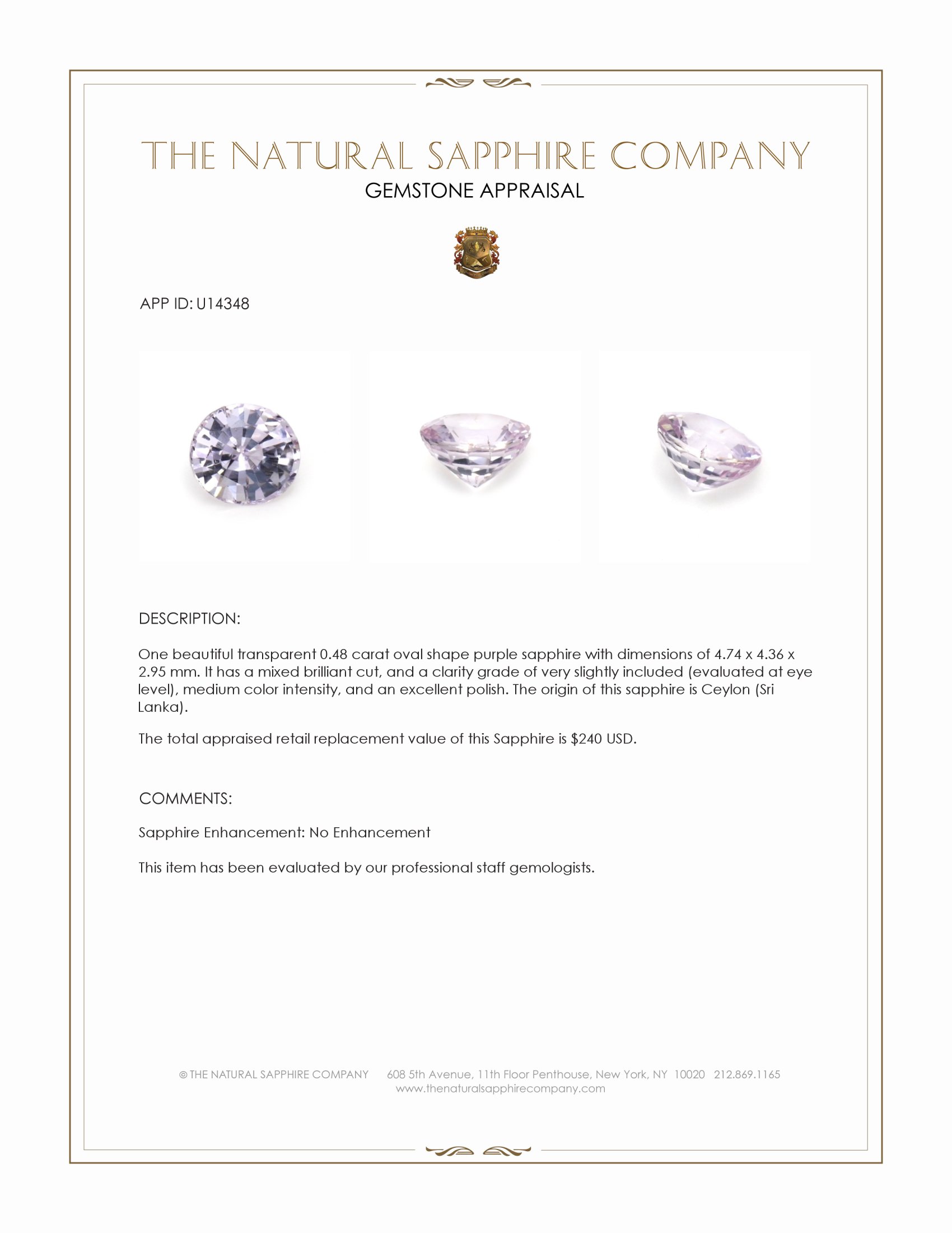 0.48 Ct. Purple Sapphire from Ceylon (Sri Lanka)