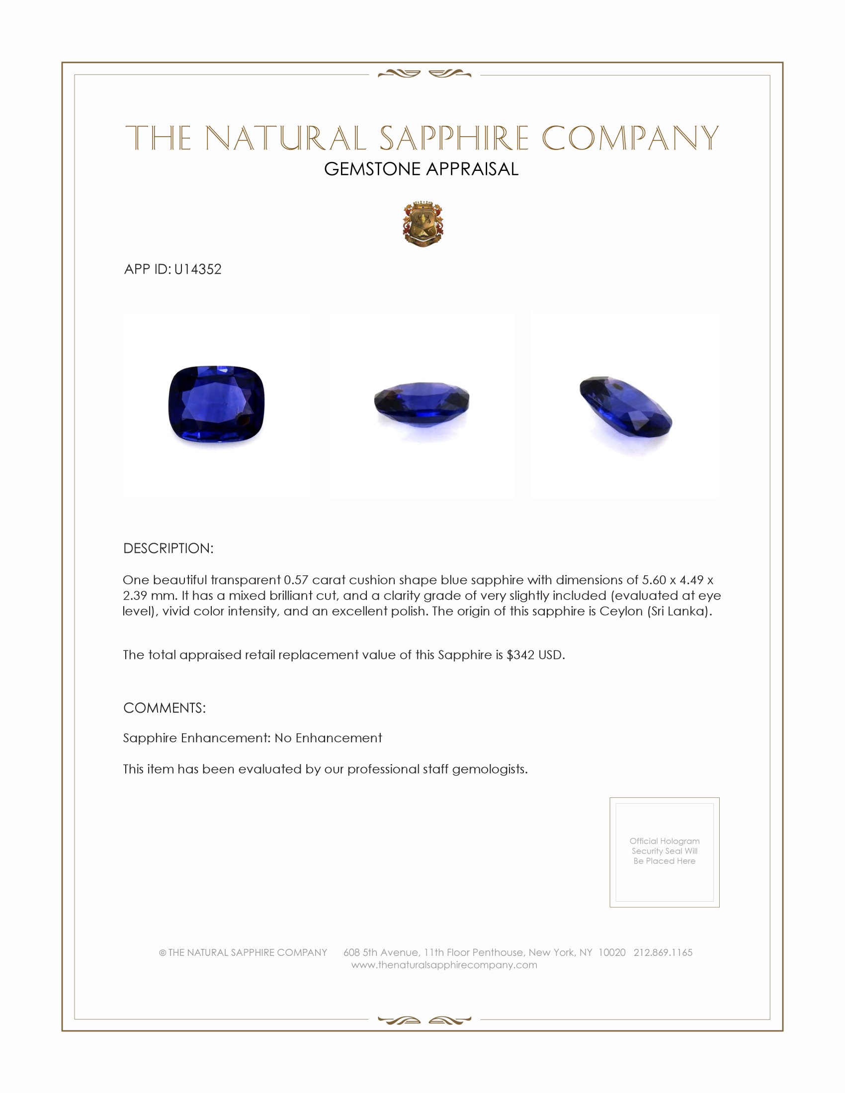 0.57 Ct. Blue Sapphire from Ceylon (Sri Lanka)