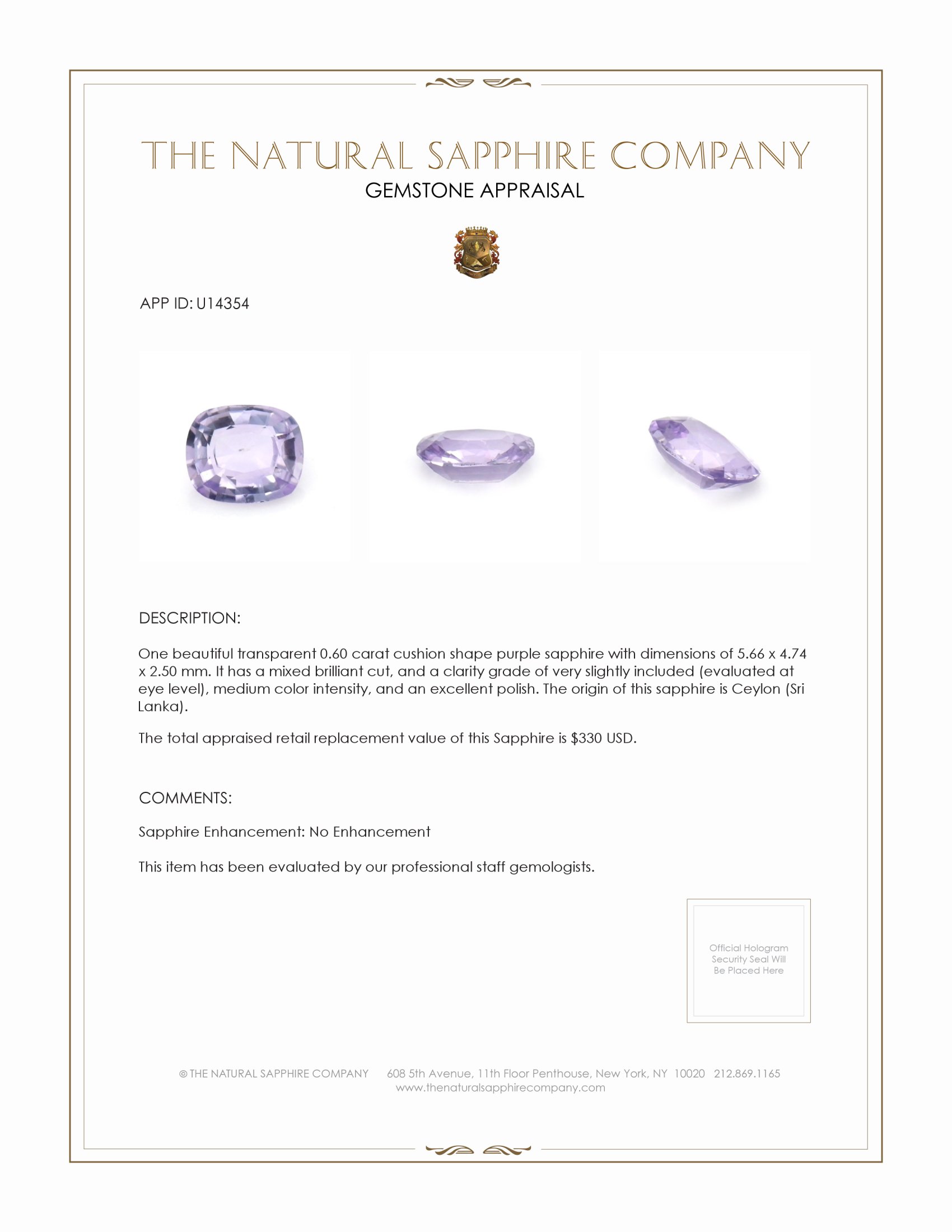 0.60 Ct. Purple Sapphire from Ceylon (Sri Lanka)
