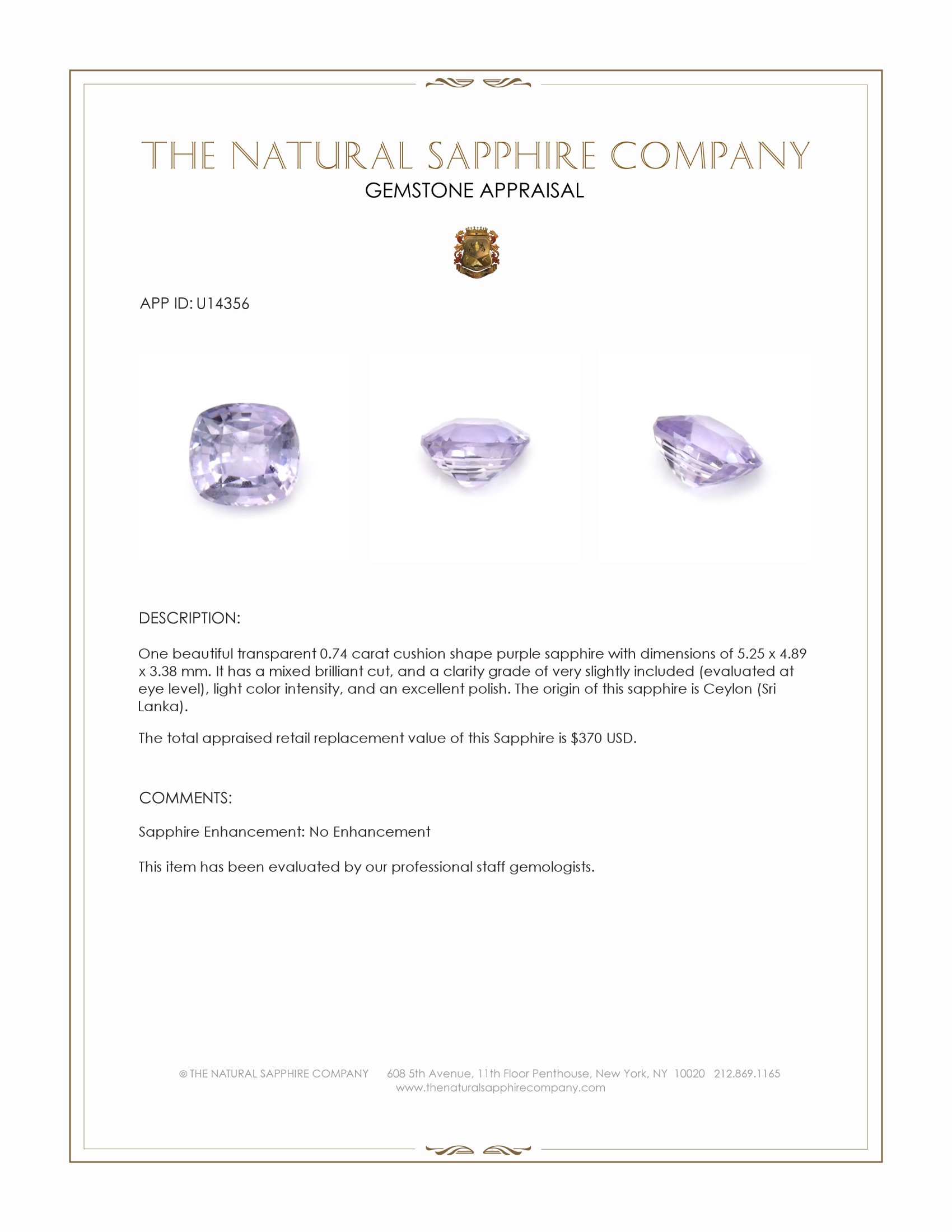 0.74 Ct. Purple Sapphire from Ceylon (Sri Lanka)