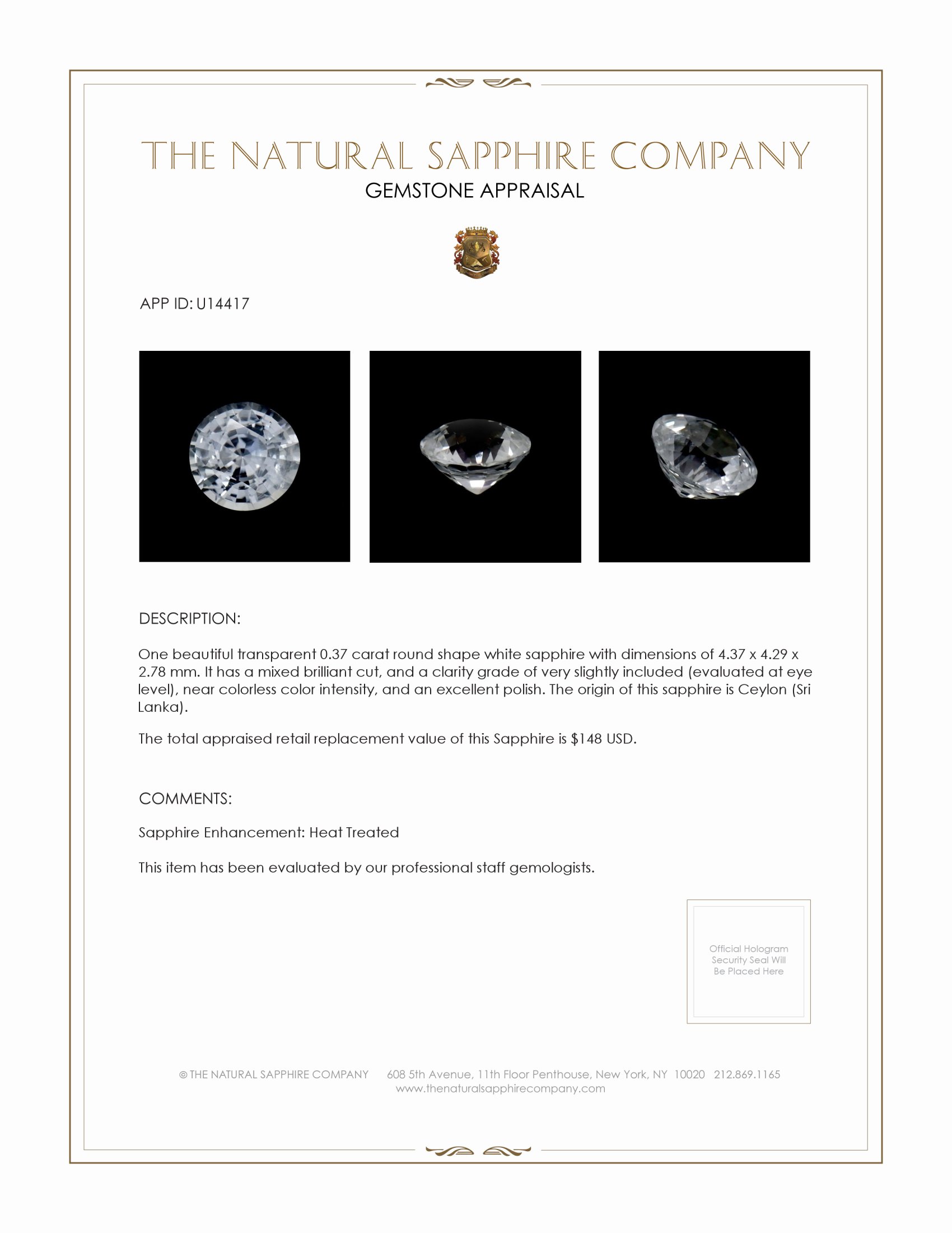 0.37 Ct. White Sapphire from Ceylon (Sri Lanka)