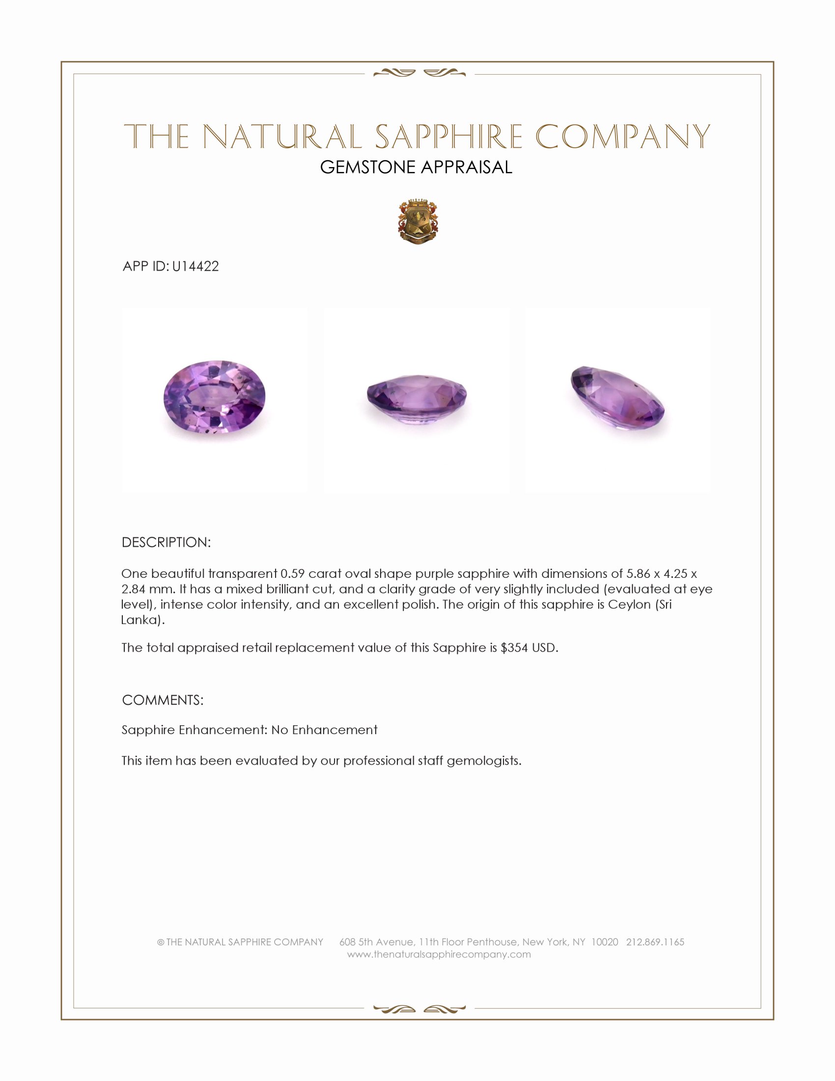 0.59 Ct. Purple Sapphire from Ceylon (Sri Lanka)