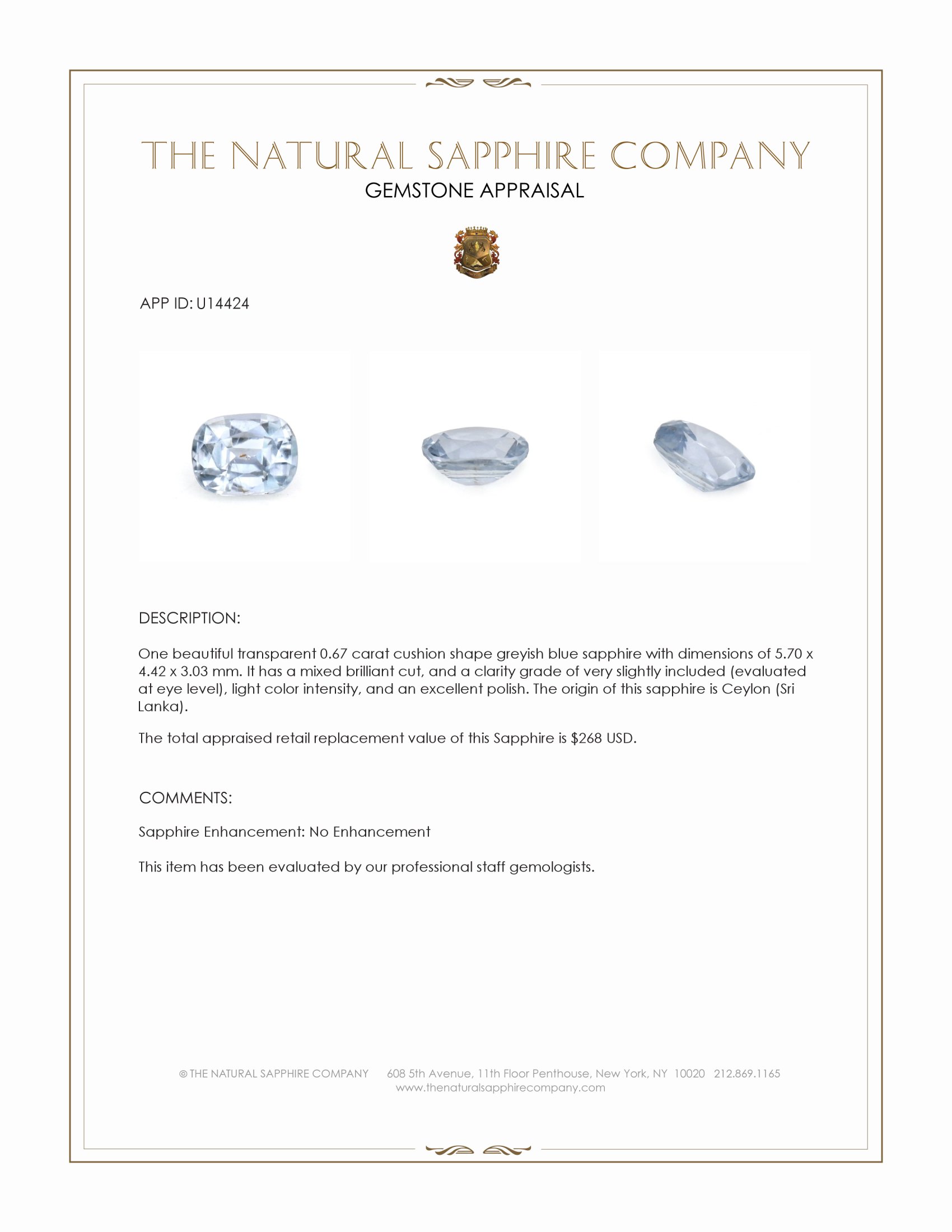 0.67 Ct. Greyish Blue Sapphire from Ceylon (Sri Lanka)