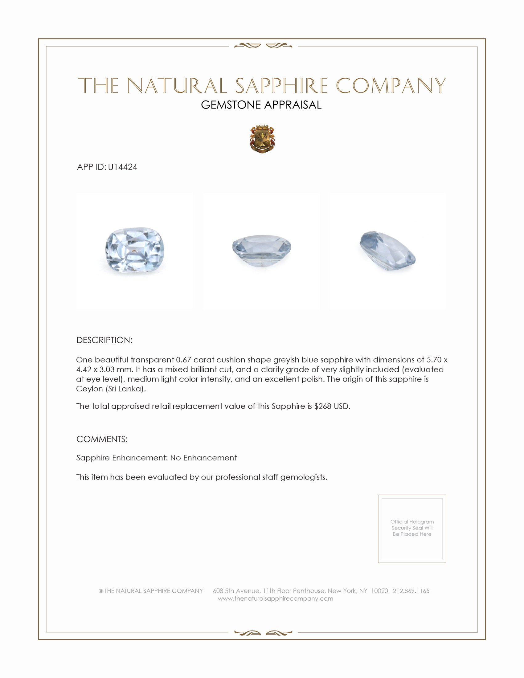 0.67 Ct. Greyish Blue Sapphire from Ceylon (Sri Lanka)