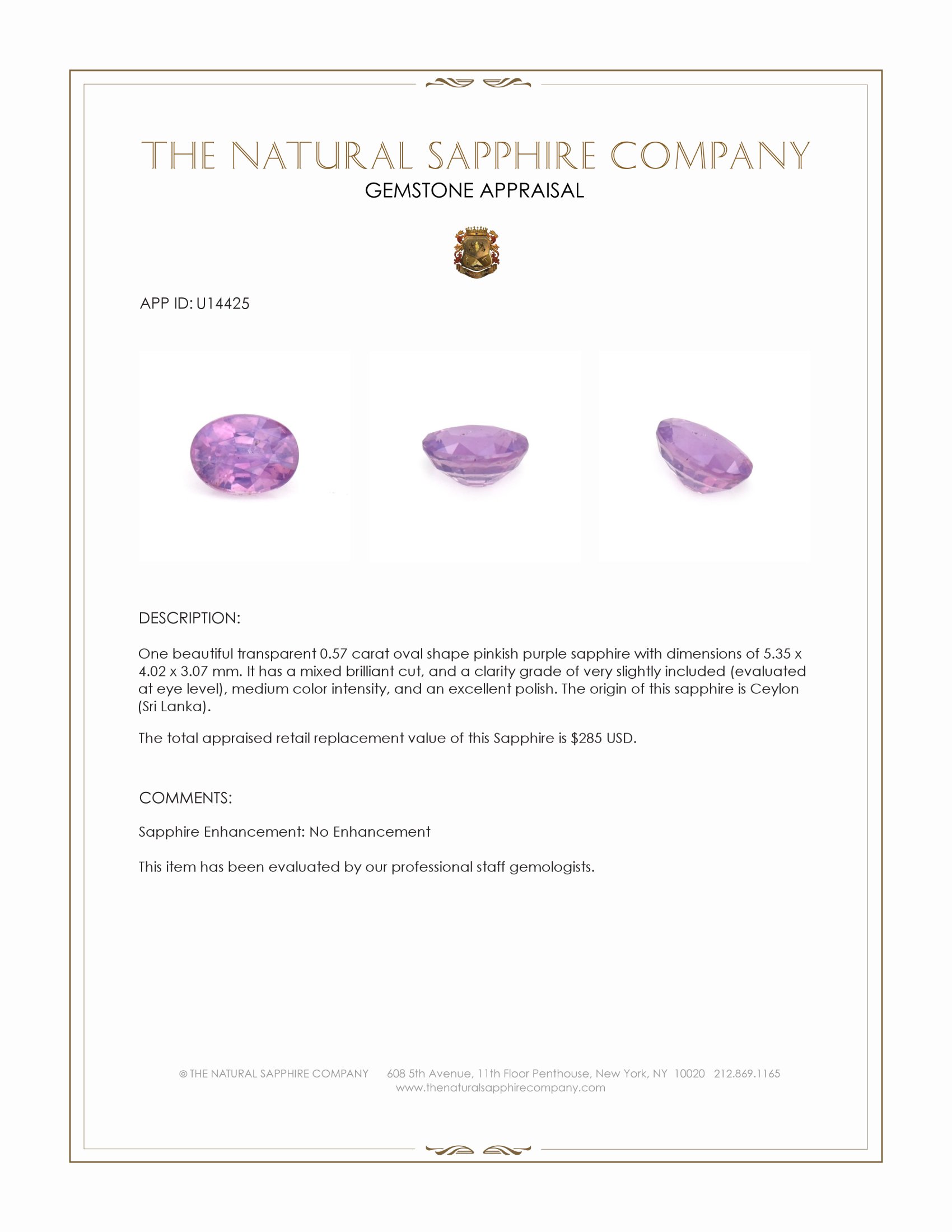 0.57 Ct. Pinkish Purple Sapphire from Ceylon (Sri Lanka)