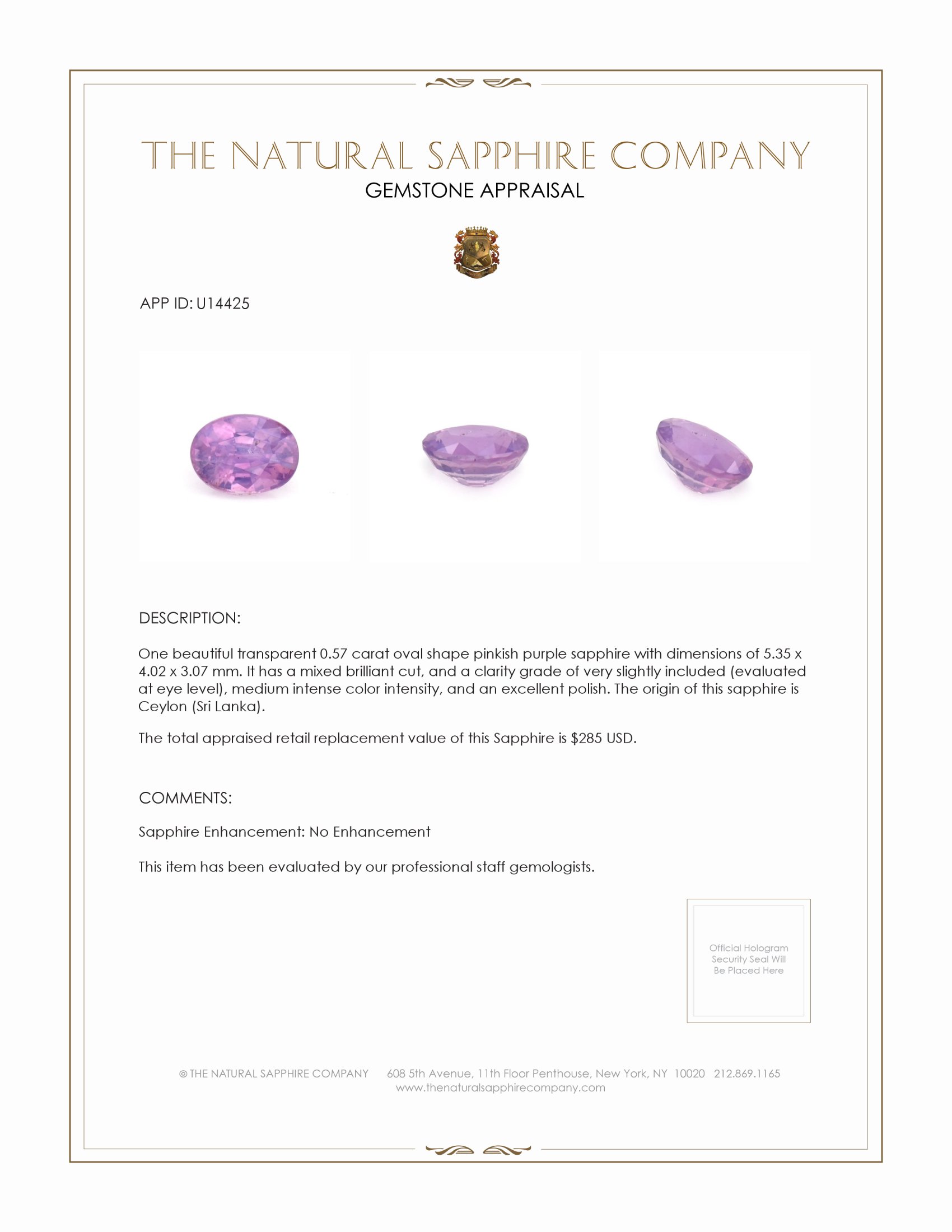 0.57 Ct. Pinkish Purple Sapphire from Ceylon (Sri Lanka)