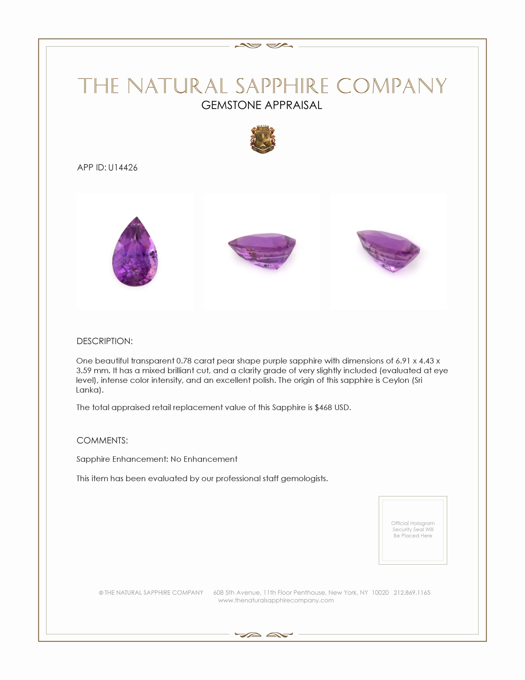 0.78 Ct. Purple Sapphire from Ceylon (Sri Lanka)