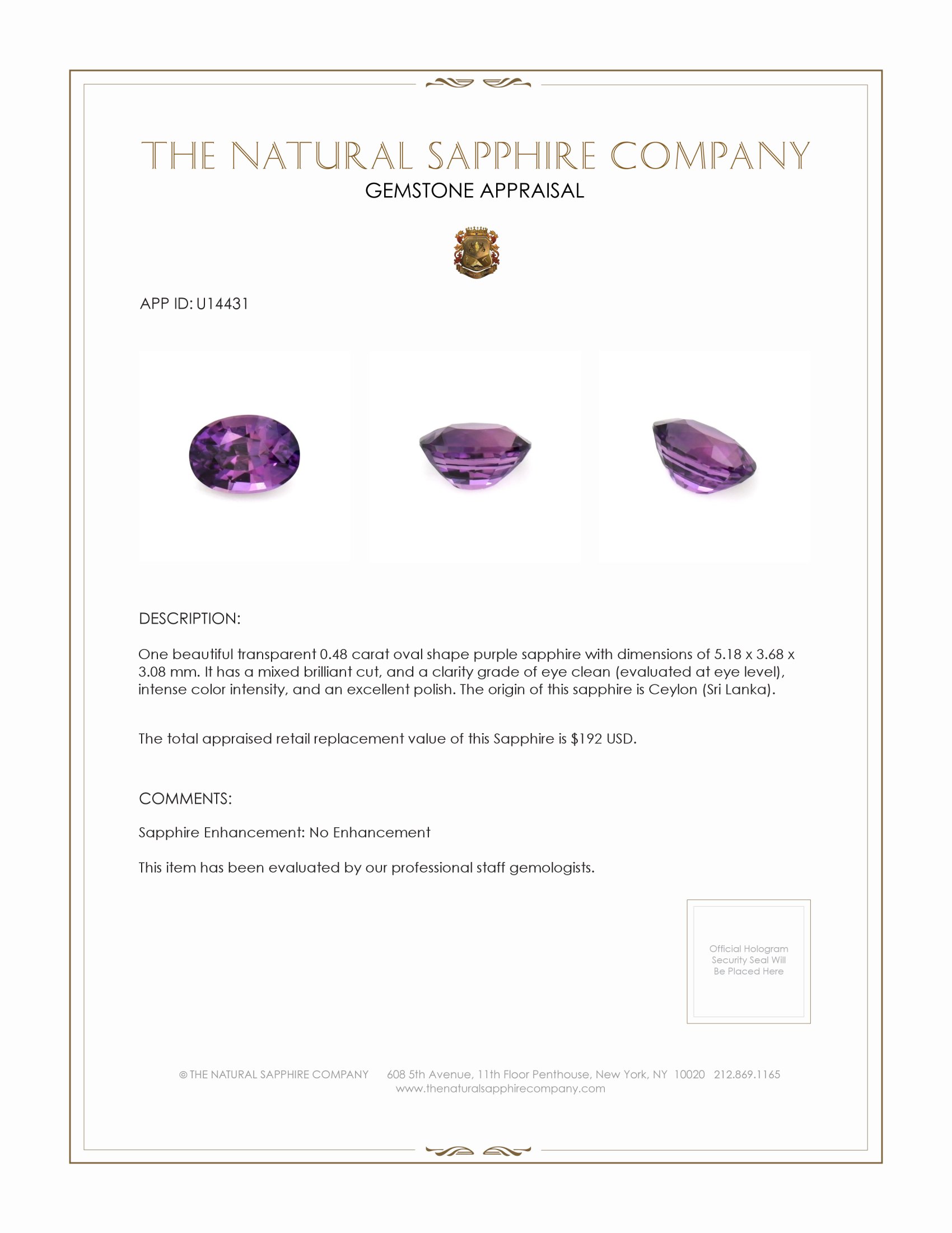 0.48 Ct. Purple Sapphire from Ceylon (Sri Lanka)