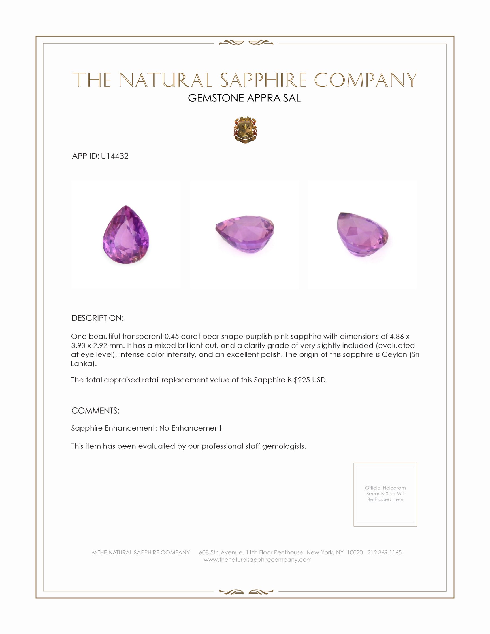 0.45 Ct. Purplish Pink Sapphire from Ceylon (Sri Lanka)