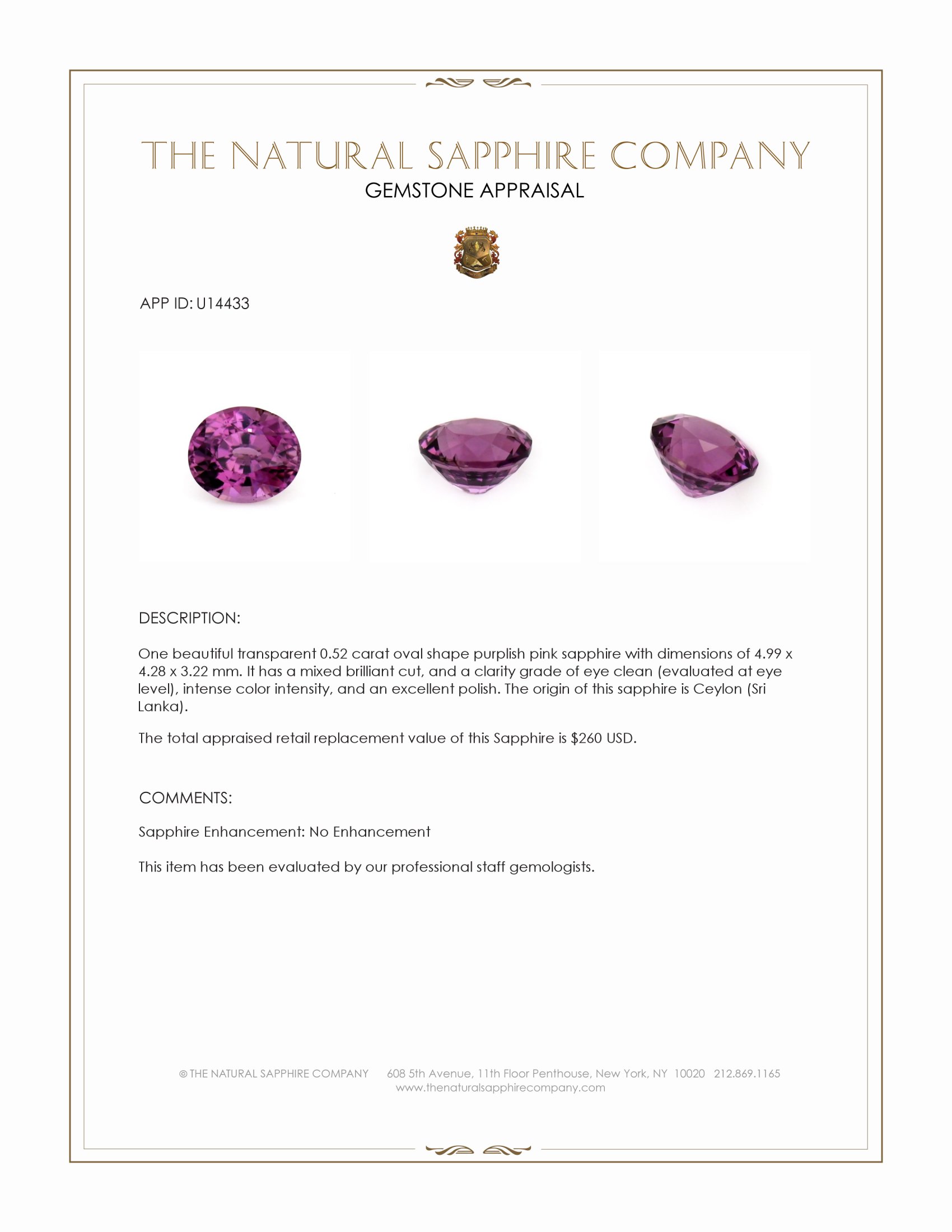 0.52 Ct. Purplish Pink Sapphire from Ceylon (Sri Lanka)