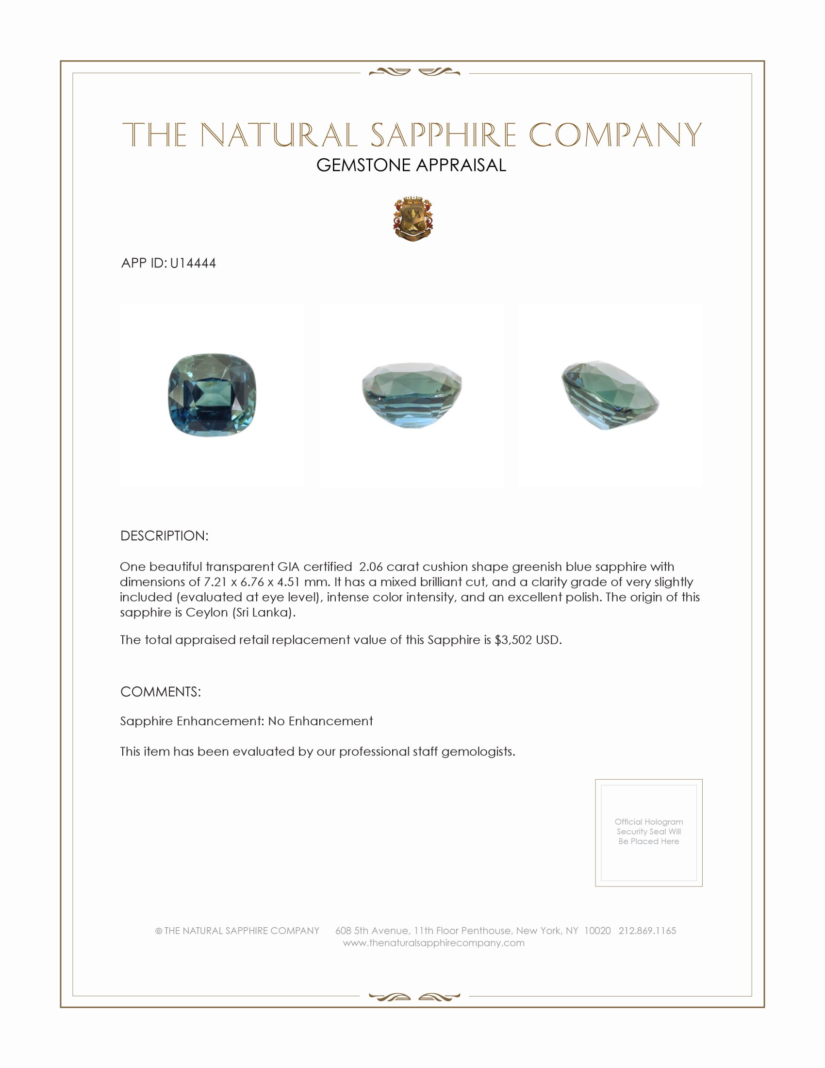 2.06 Ct. Greenish Blue Sapphire from Ceylon (Sri Lanka)