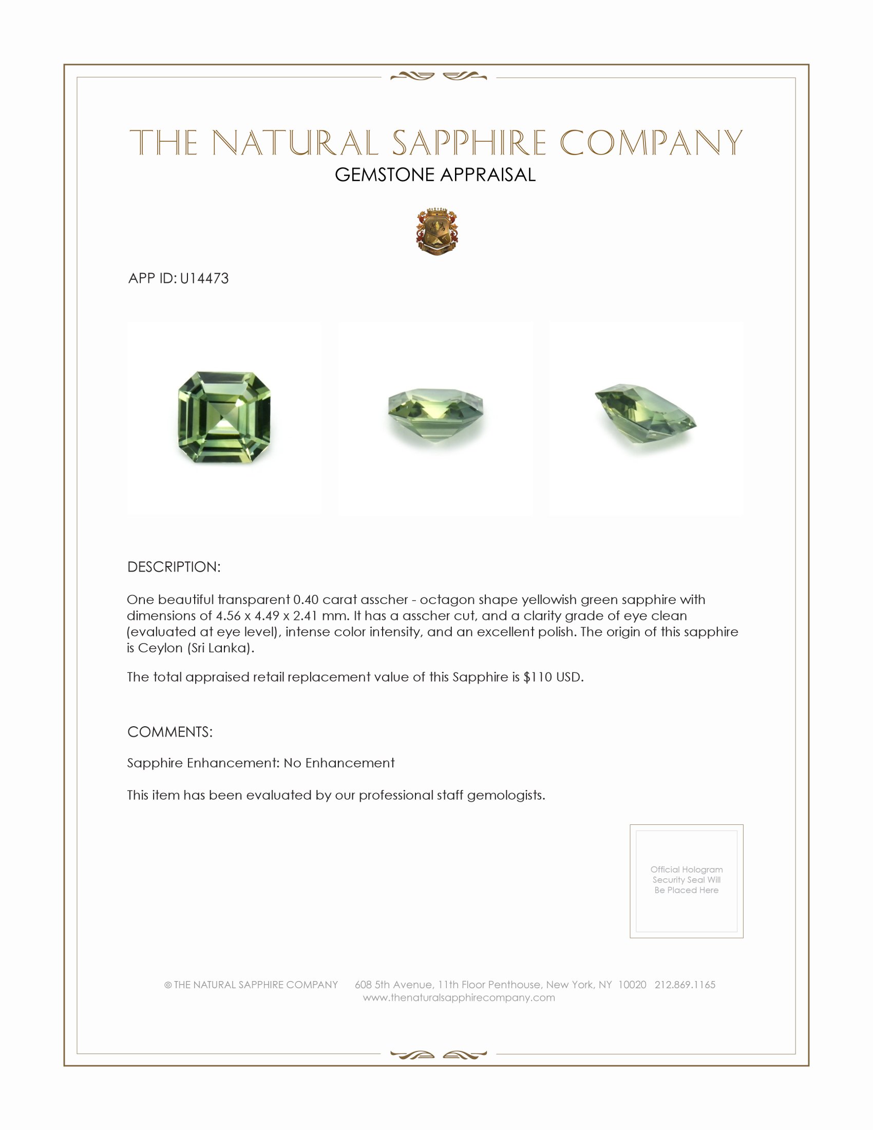 0.40 Ct. Yellowish Green Sapphire from Ceylon (Sri Lanka)