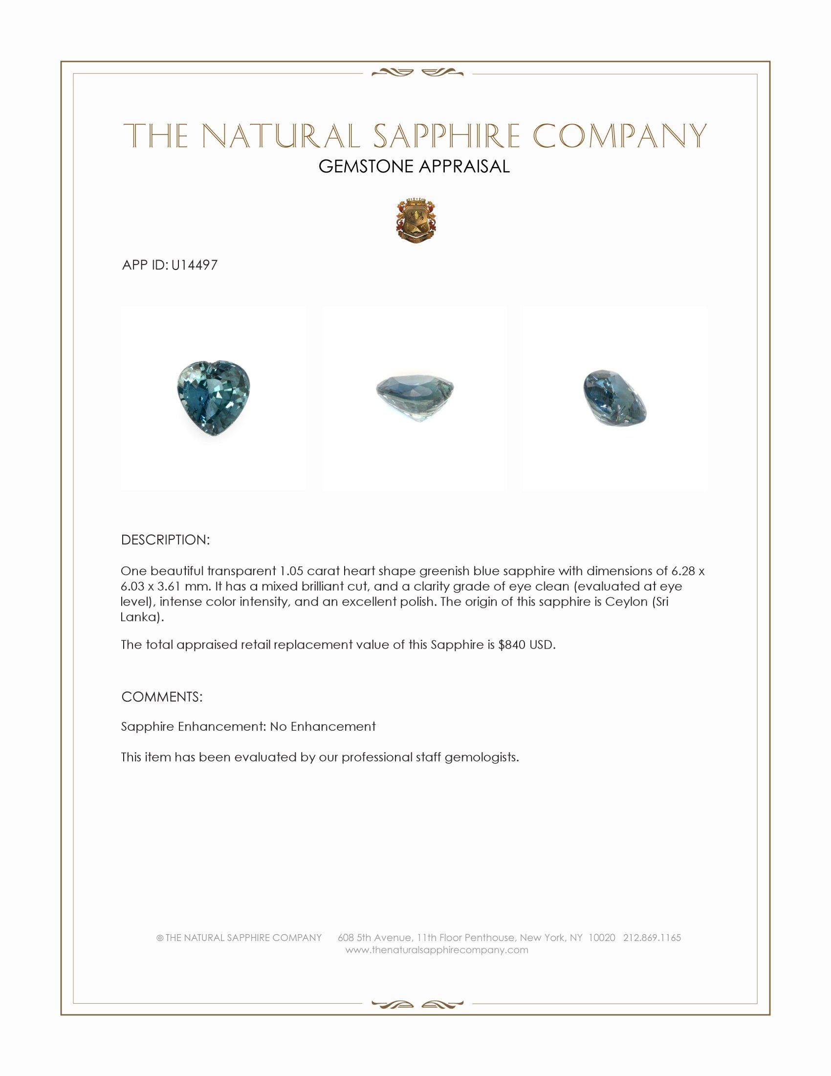 1.05 Ct. Greenish Blue Sapphire from Ceylon (Sri Lanka)