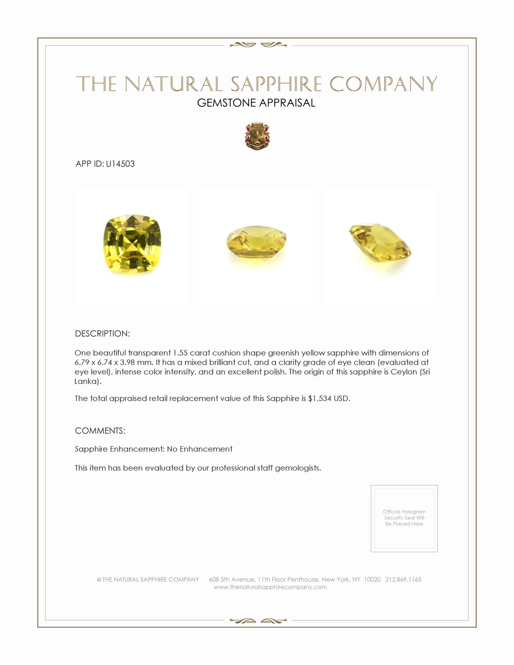 1.55 Ct. Greenish Yellow Sapphire from Ceylon (Sri Lanka)