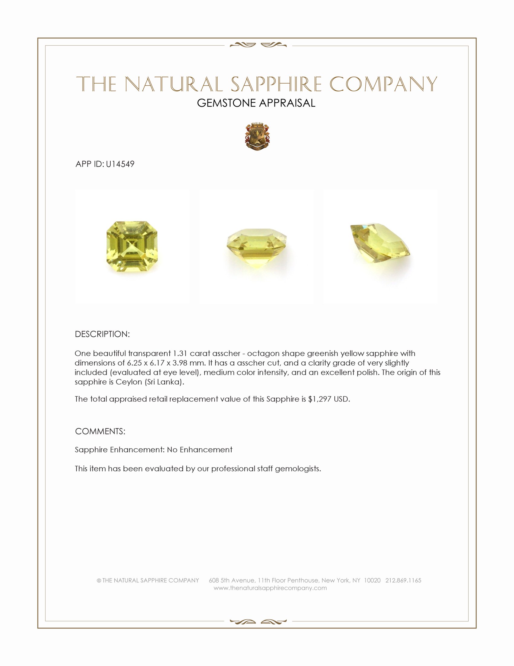 1.31 Ct. Greenish Yellow Sapphire from Ceylon (Sri Lanka)