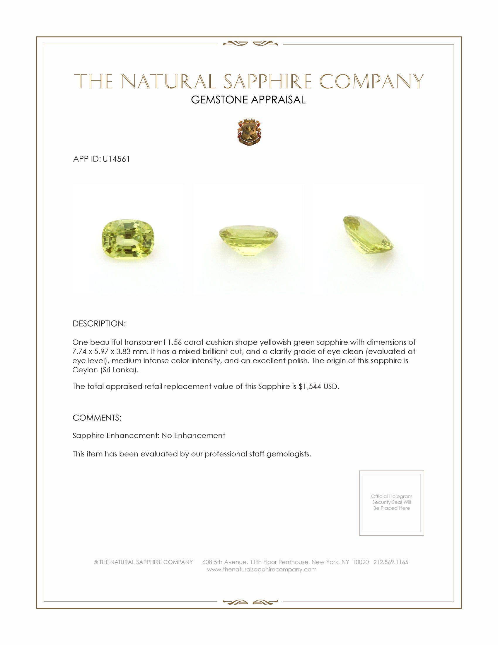 1.56 Ct. Yellowish Green Sapphire from Ceylon (Sri Lanka)