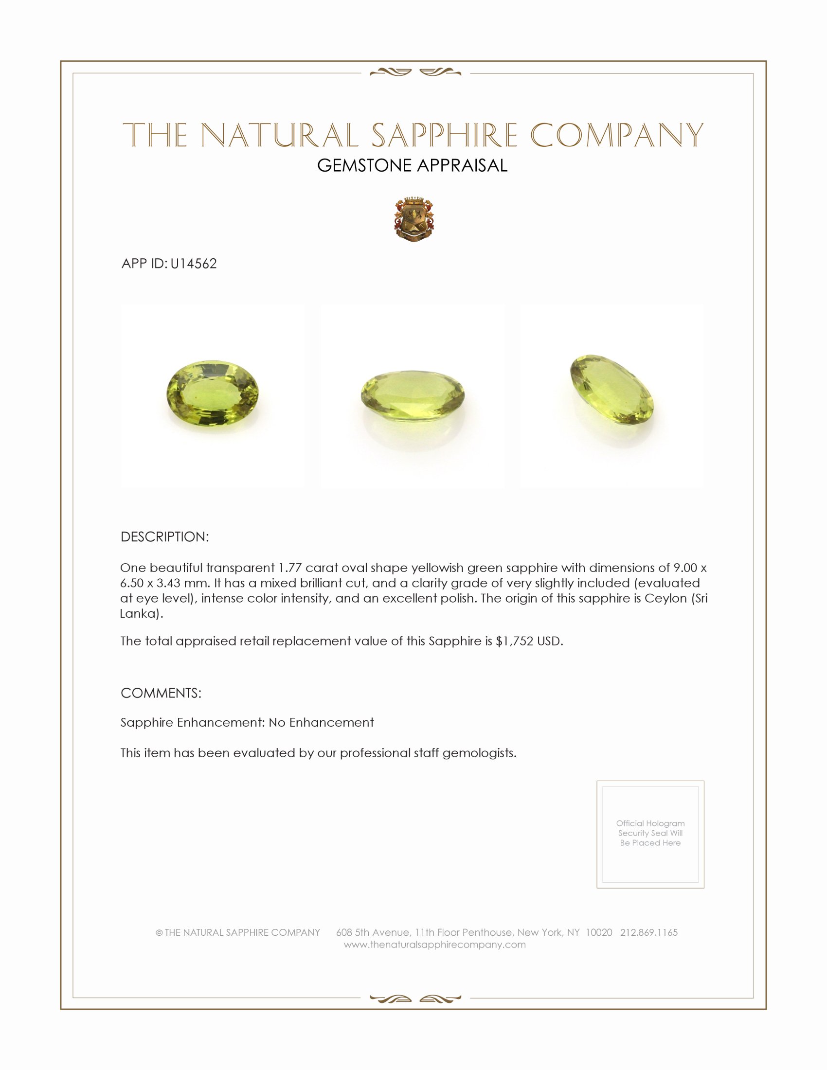 1.77 Ct. Yellowish Green Sapphire from Ceylon (Sri Lanka)