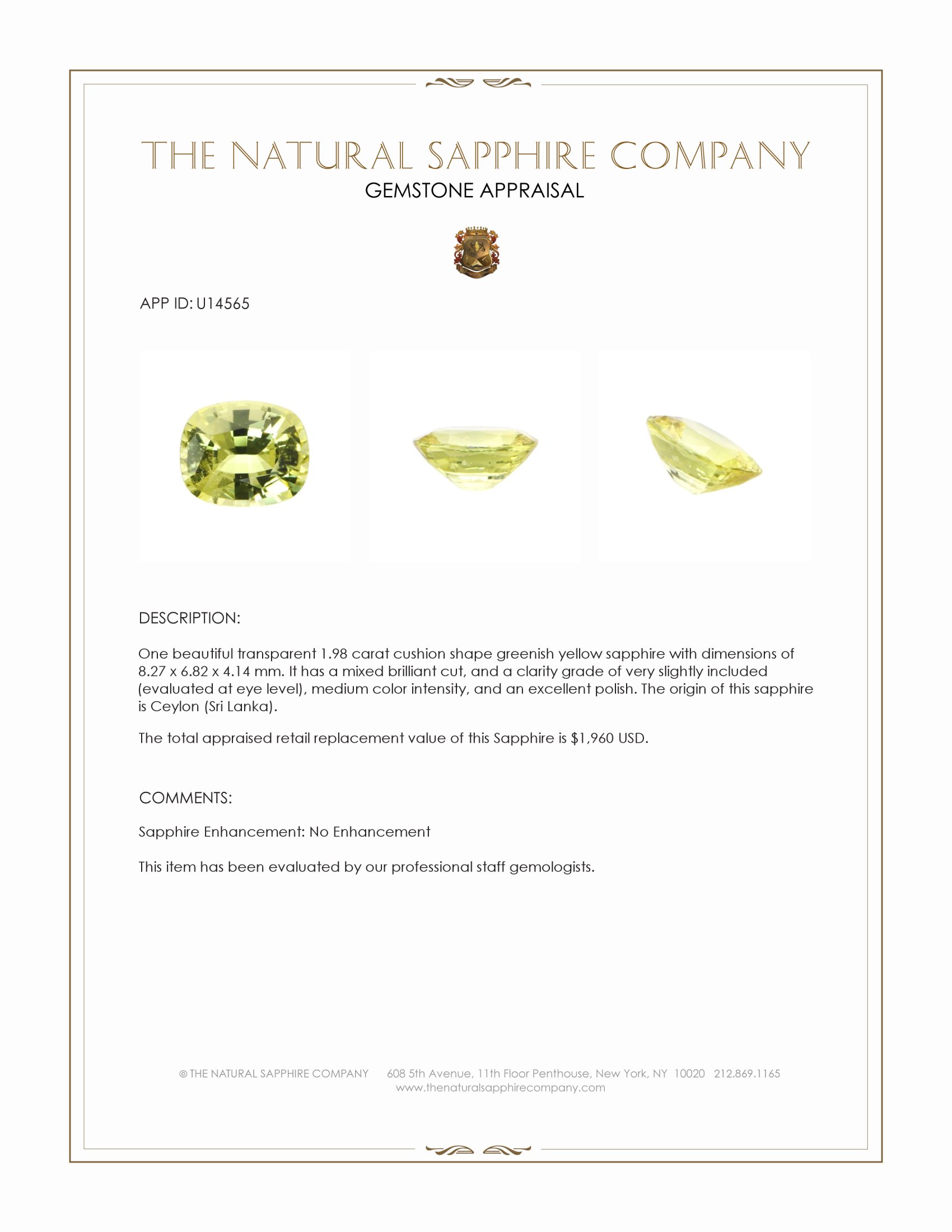 1.98 Ct. Greenish Yellow Sapphire from Ceylon (Sri Lanka)
