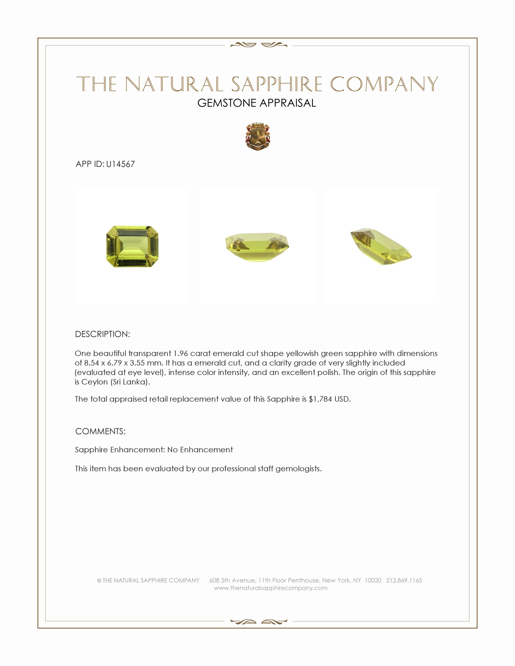 1.96 Ct. Yellowish Green Sapphire from Ceylon (Sri Lanka)