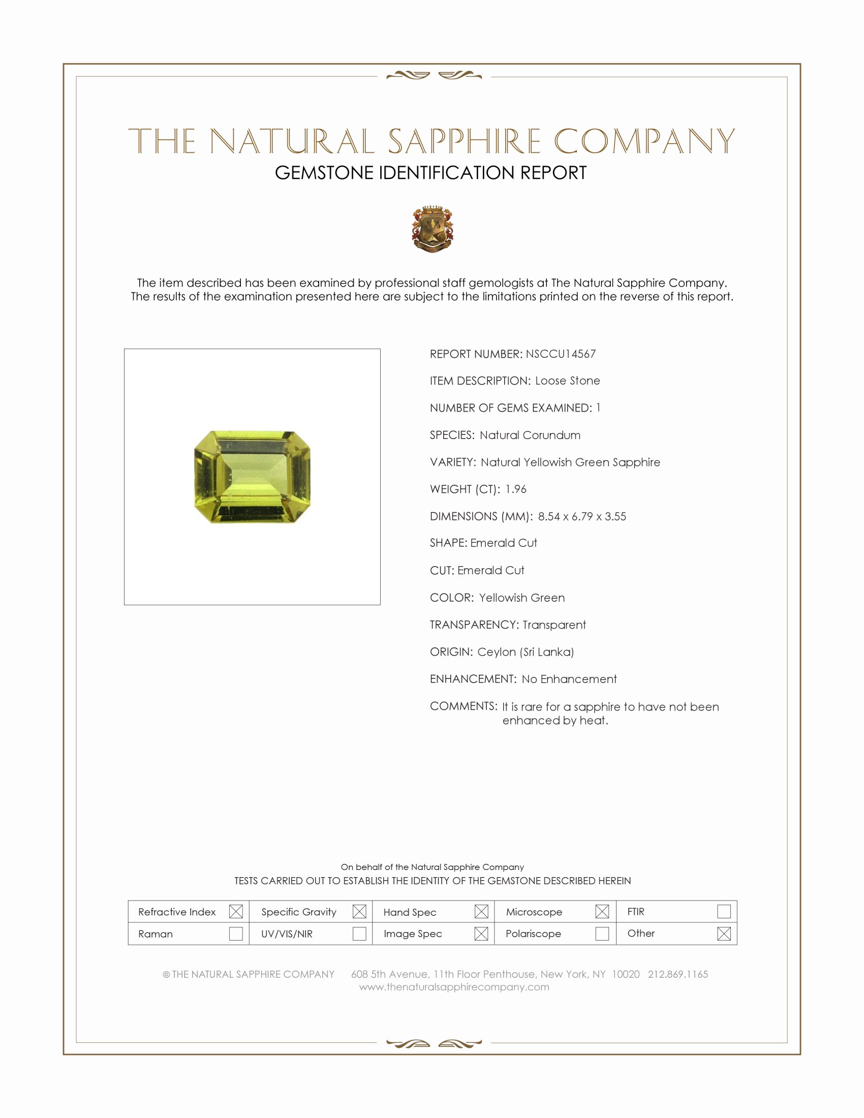 1.96 Ct. Yellowish Green Sapphire from Ceylon (Sri Lanka)