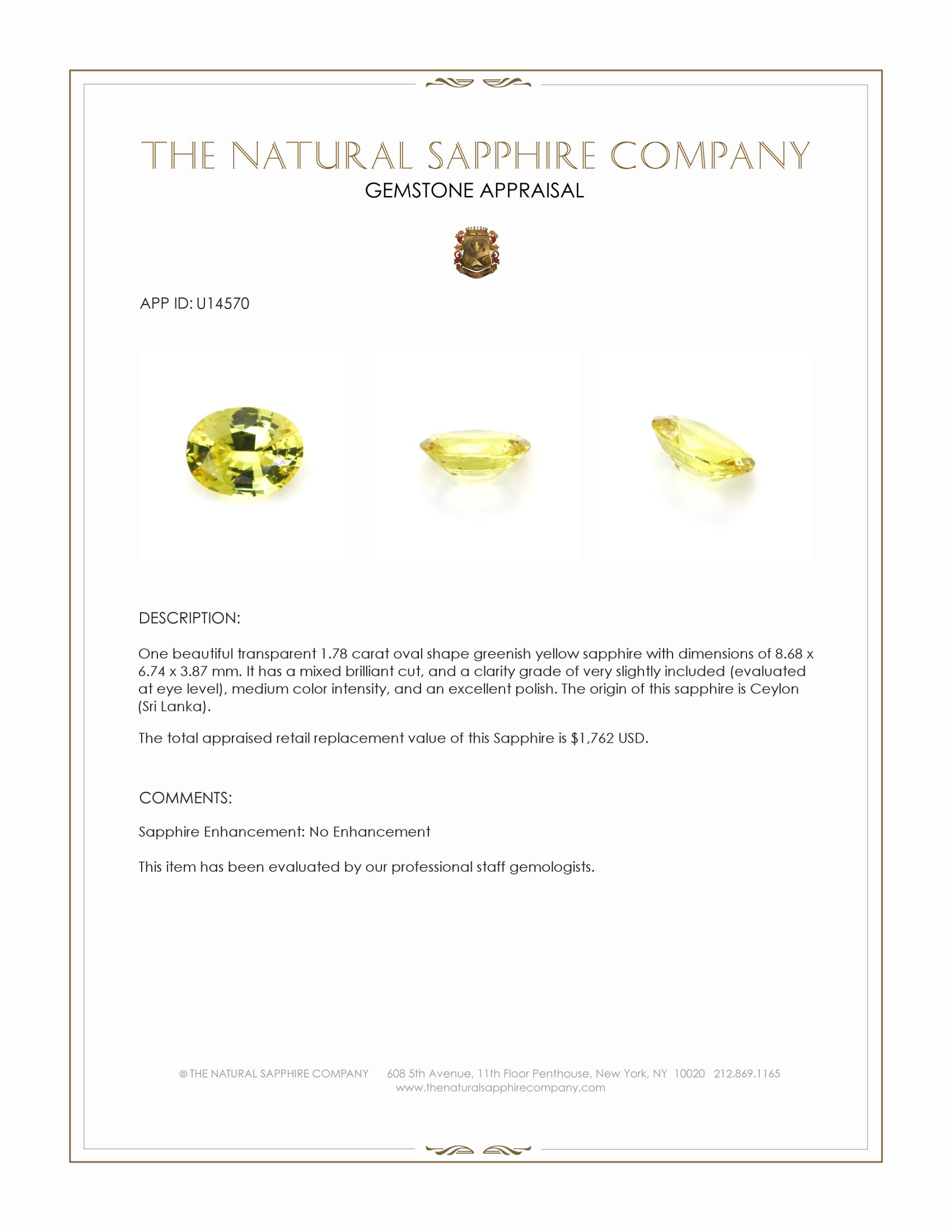 1.78 Ct. Greenish Yellow Sapphire from Ceylon (Sri Lanka)