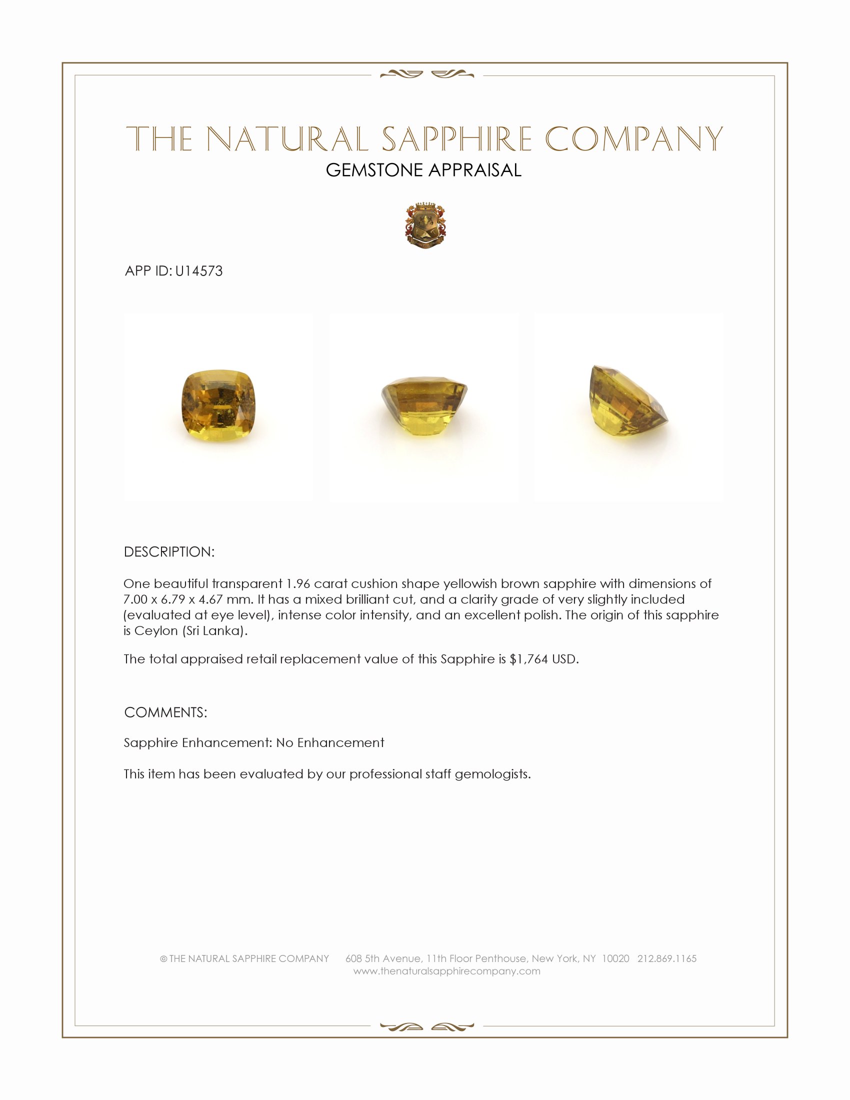 1.96 Ct. Yellowish Brown Sapphire from Ceylon (Sri Lanka)