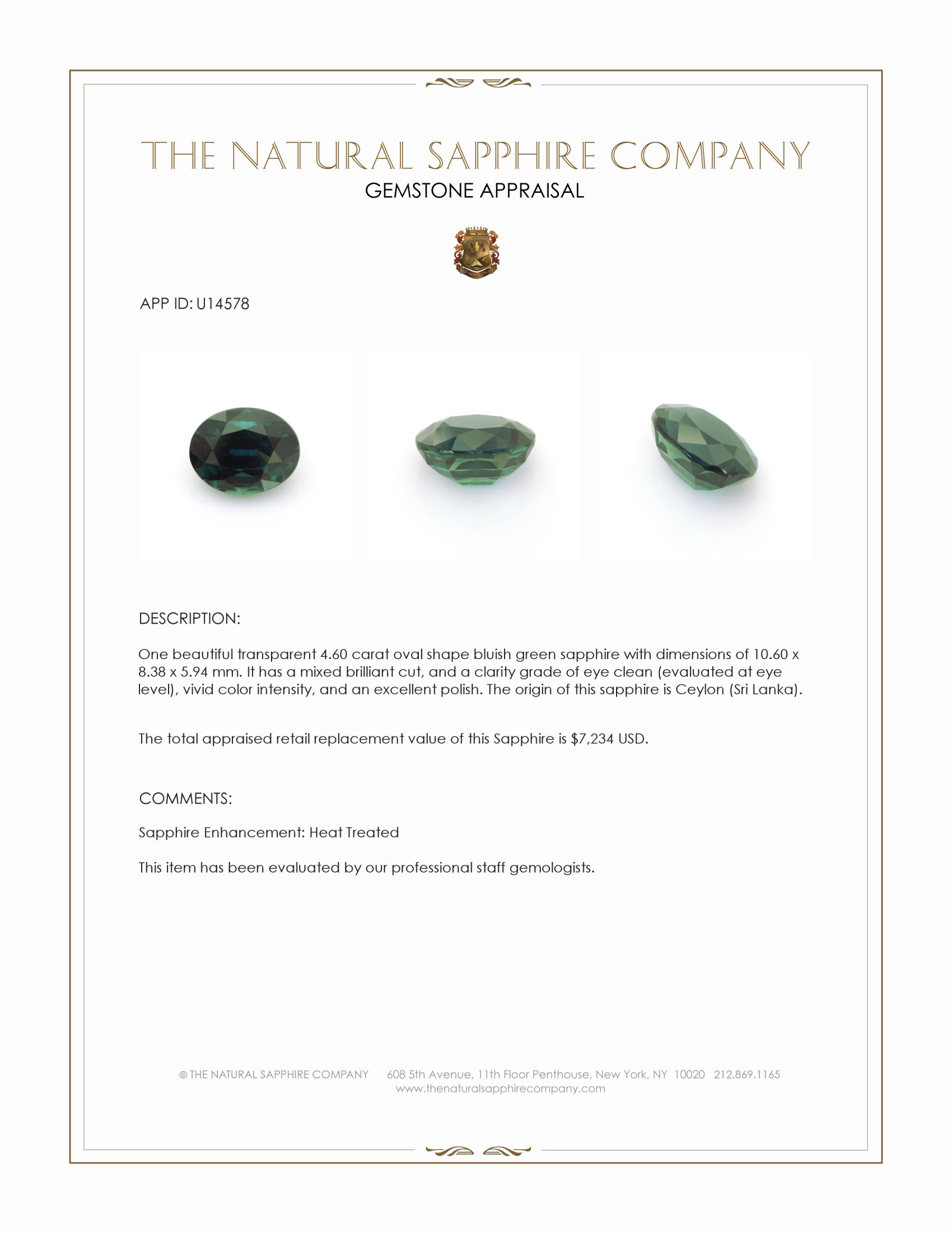 4.60 Ct. Bluish Green Sapphire from Ceylon (Sri Lanka)