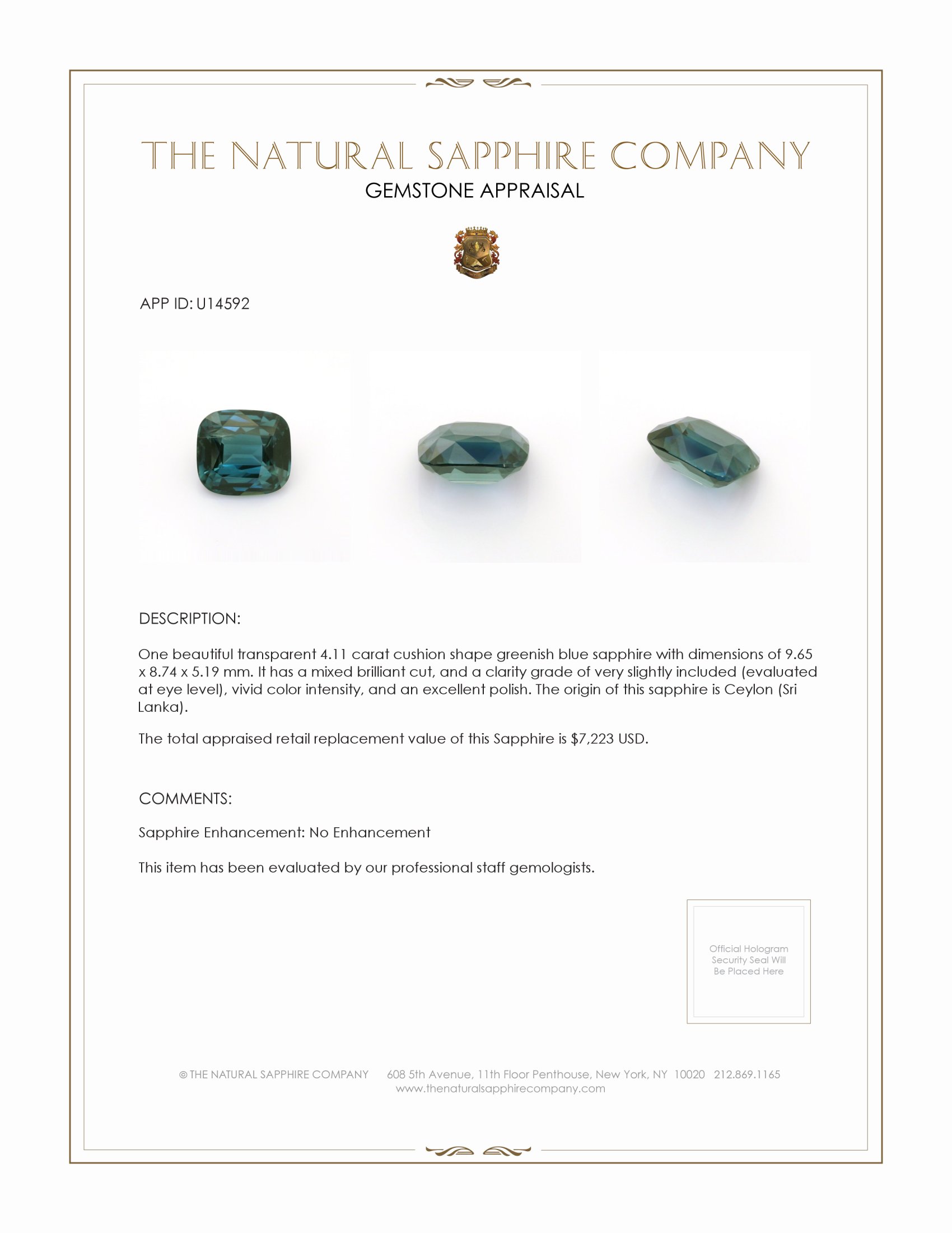 4.11 Ct. Greenish Blue Sapphire from Ceylon (Sri Lanka)