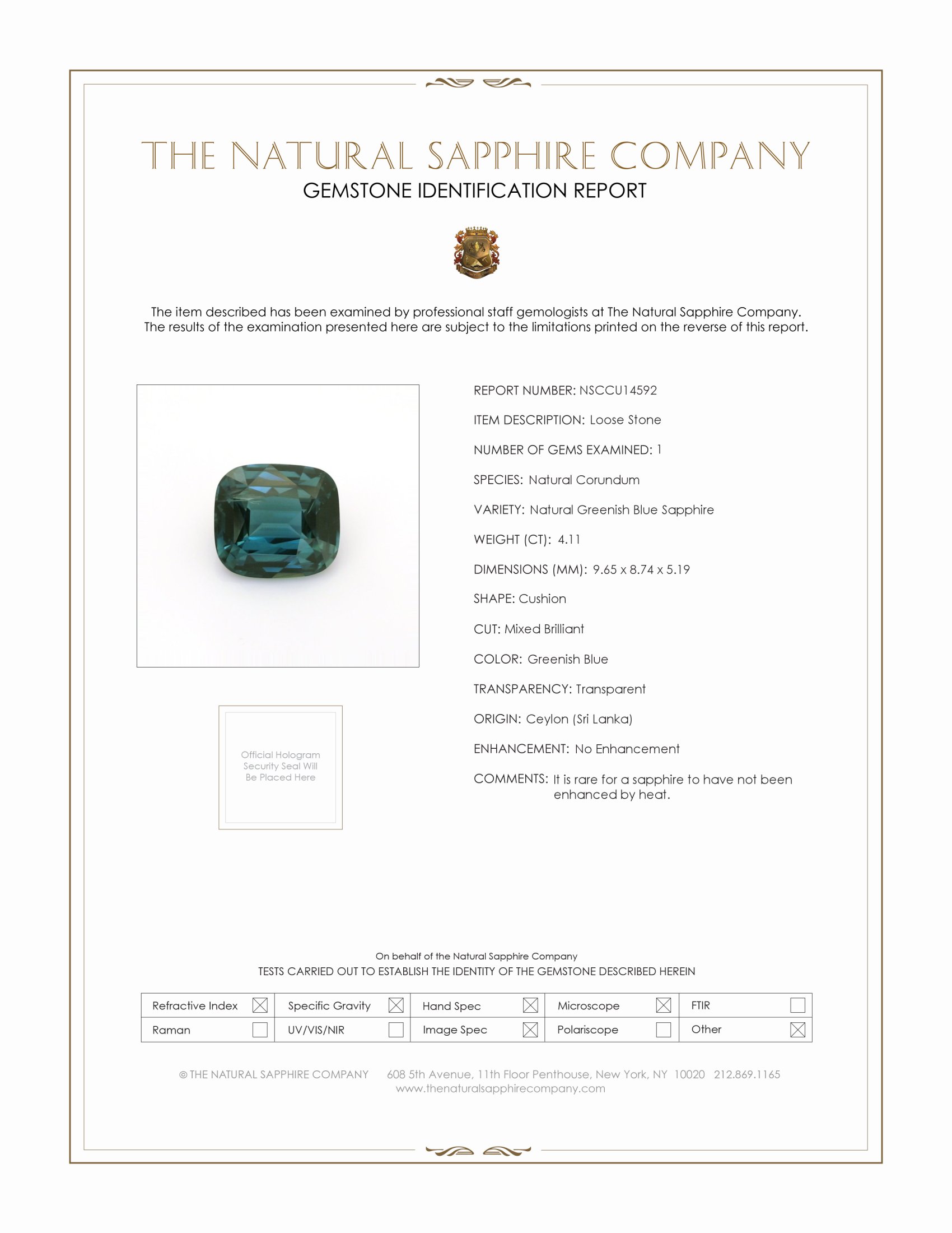 4.11 Ct. Greenish Blue Sapphire from Ceylon (Sri Lanka)