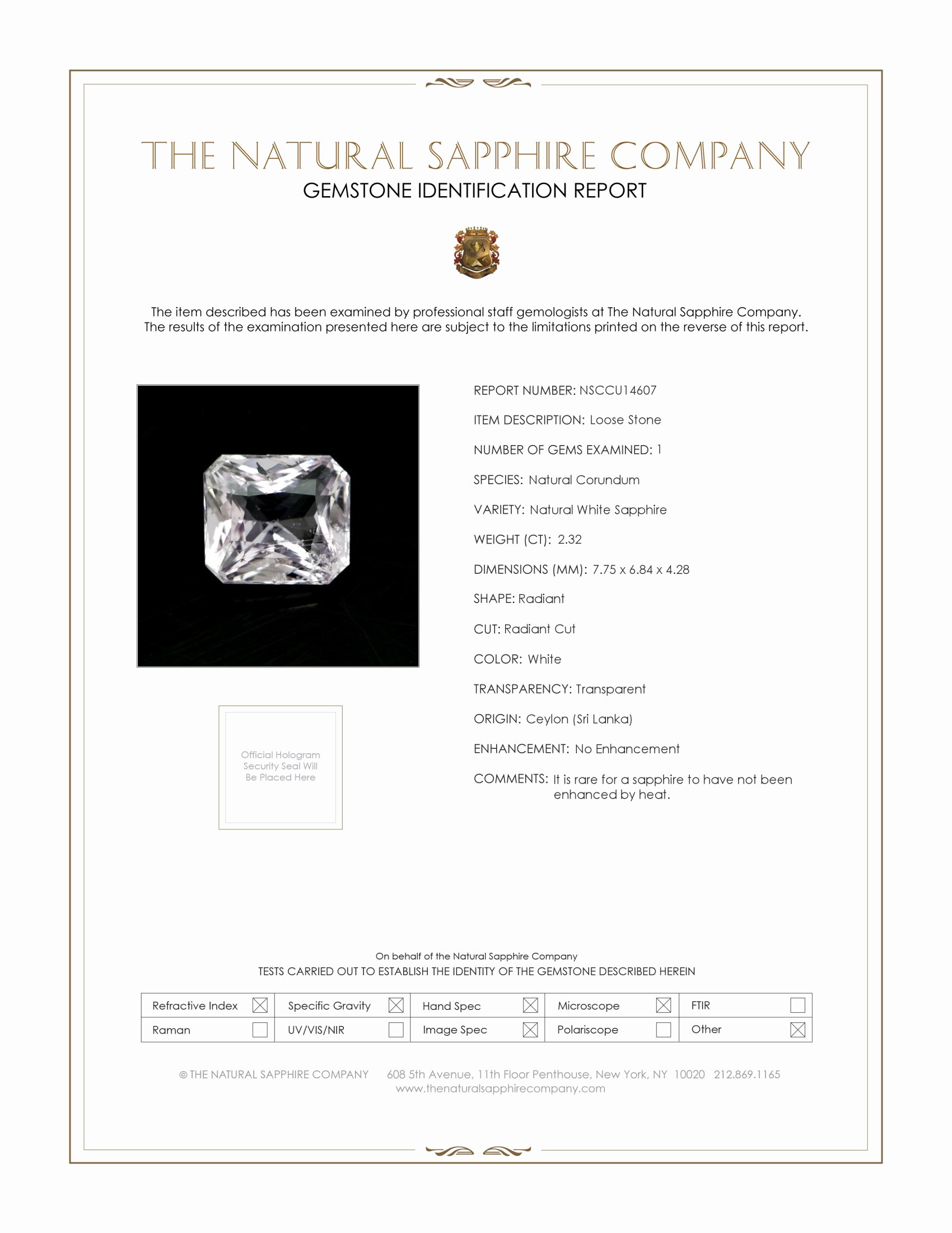 2.32 Ct. White Sapphire from Ceylon (Sri Lanka)