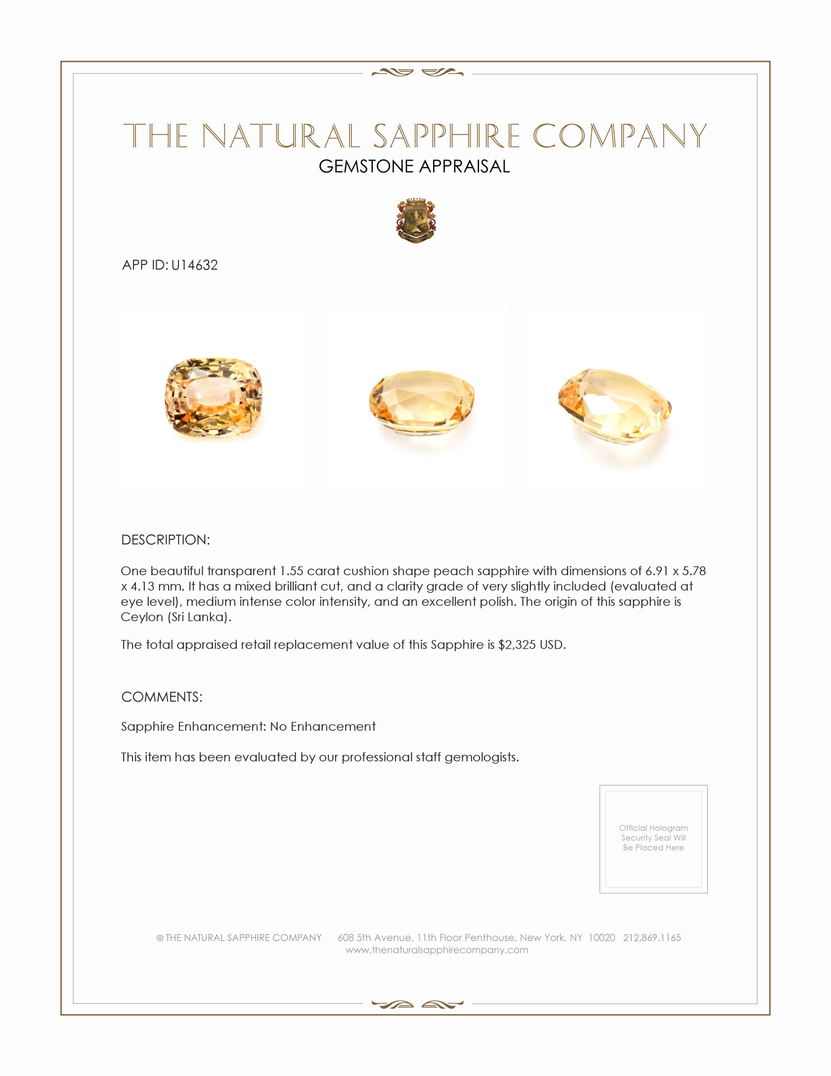 1.55 Ct. Peach Sapphire from Ceylon (Sri Lanka)