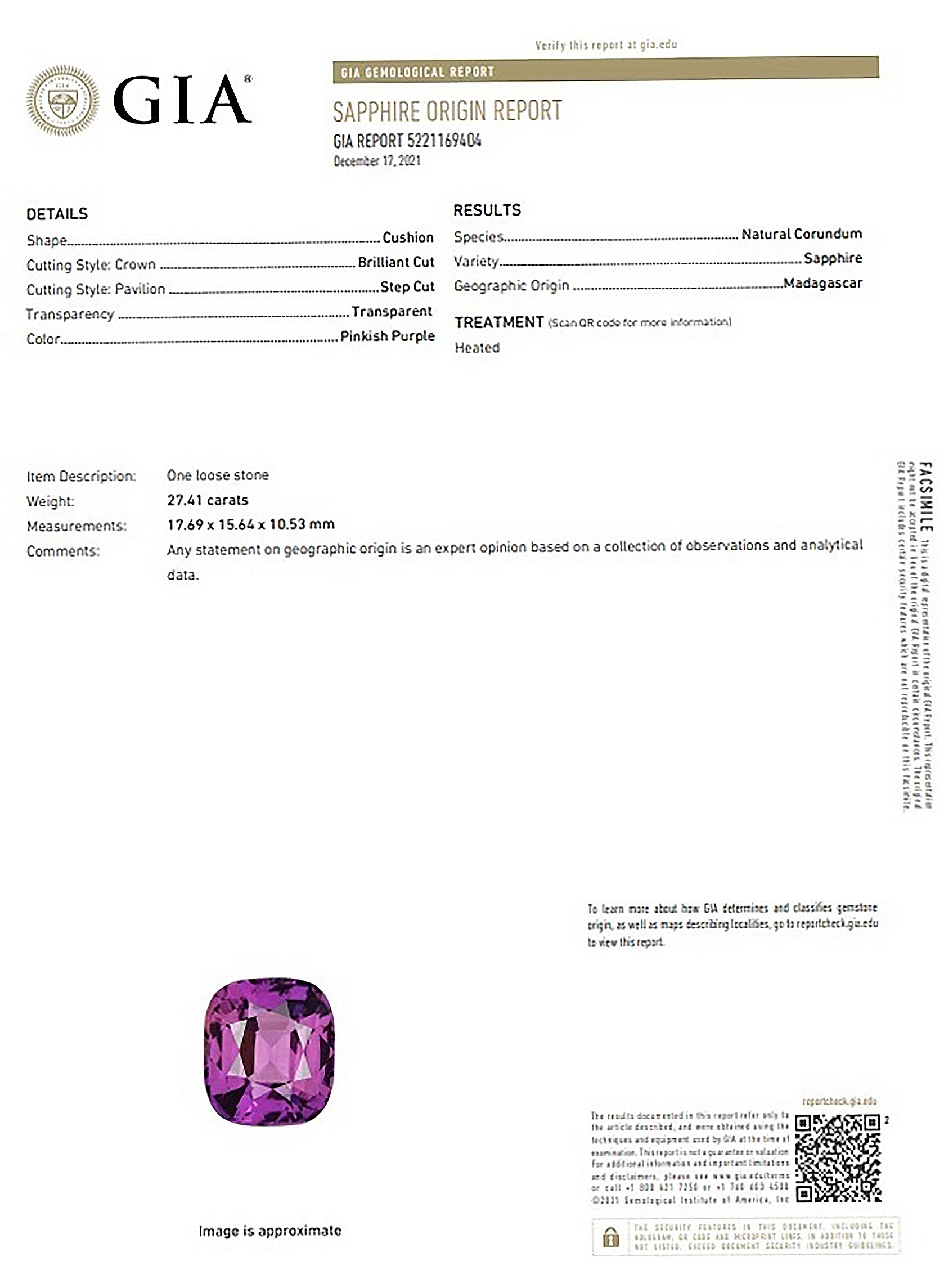 27.41 Ct. Pinkish Purple Sapphire from Madagascar