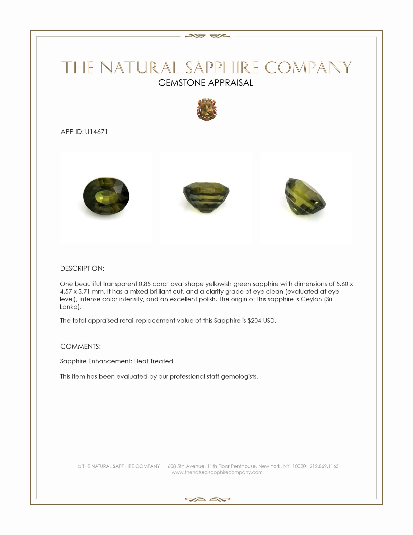 0.85 Ct. Yellowish Green Sapphire from Ceylon (Sri Lanka)