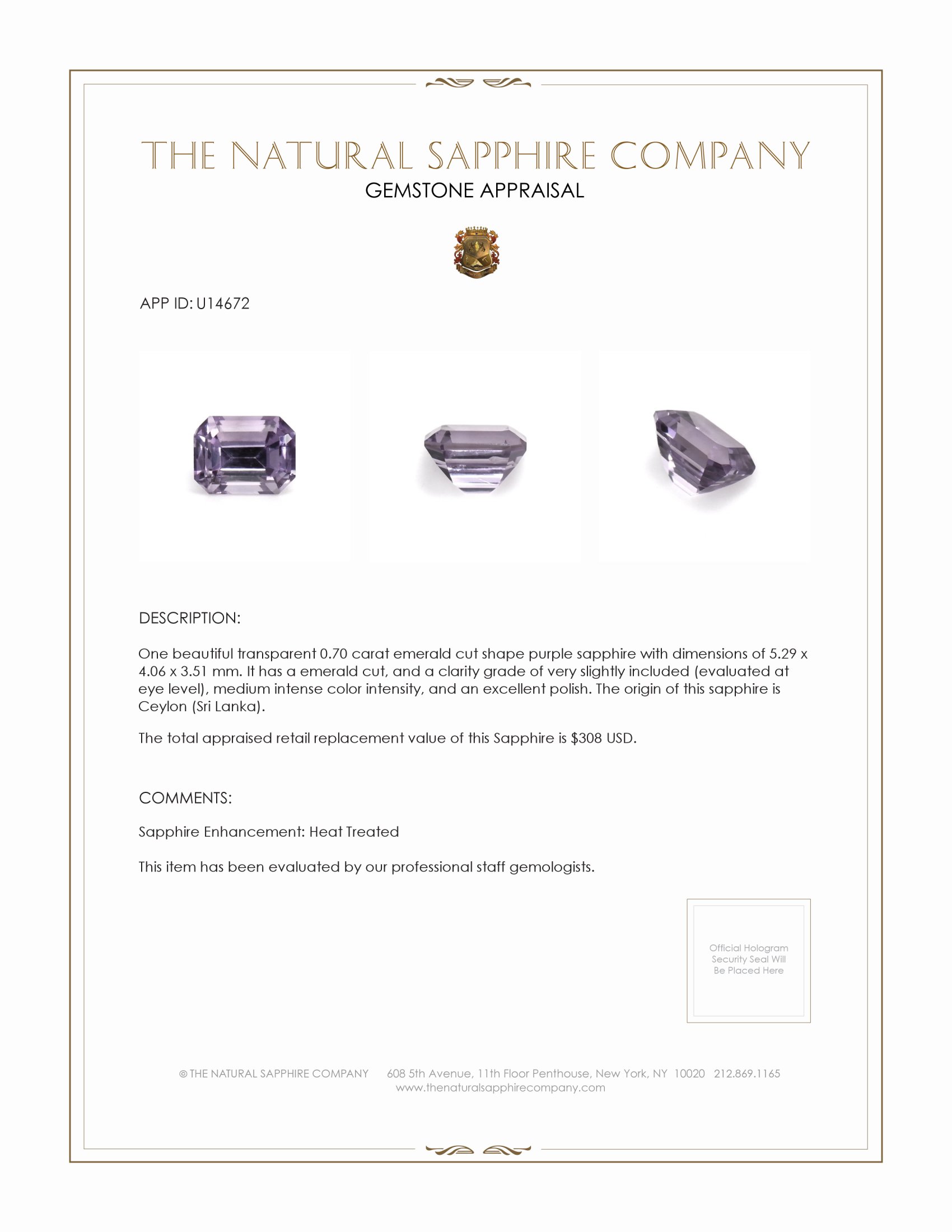 0.70 Ct. Purple Sapphire from Ceylon (Sri Lanka)