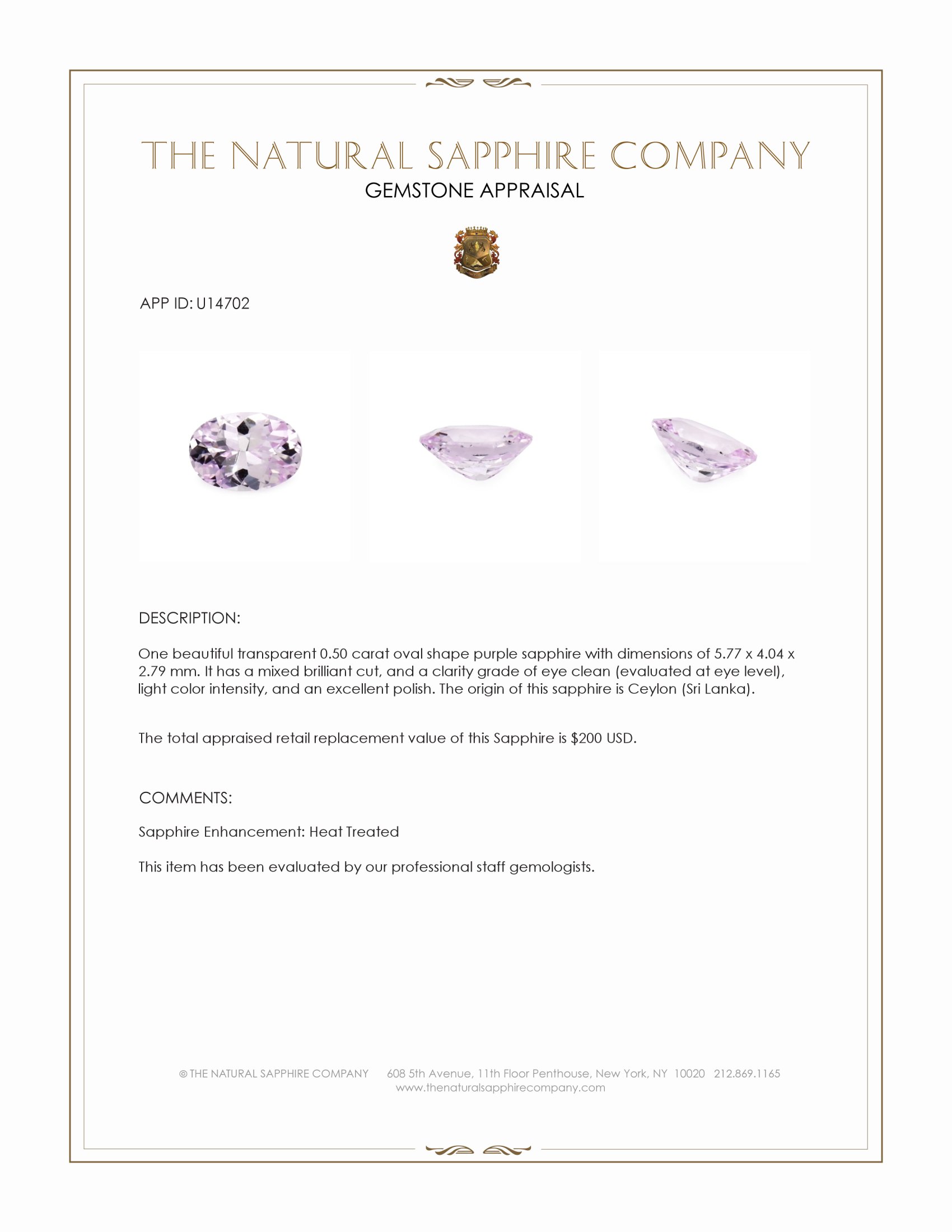 0.50 Ct. Purple Sapphire from Ceylon (Sri Lanka)