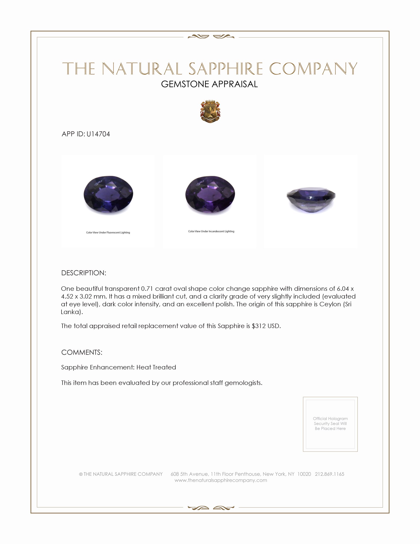 0.71 Ct. Color Change Sapphire from Ceylon (Sri Lanka)