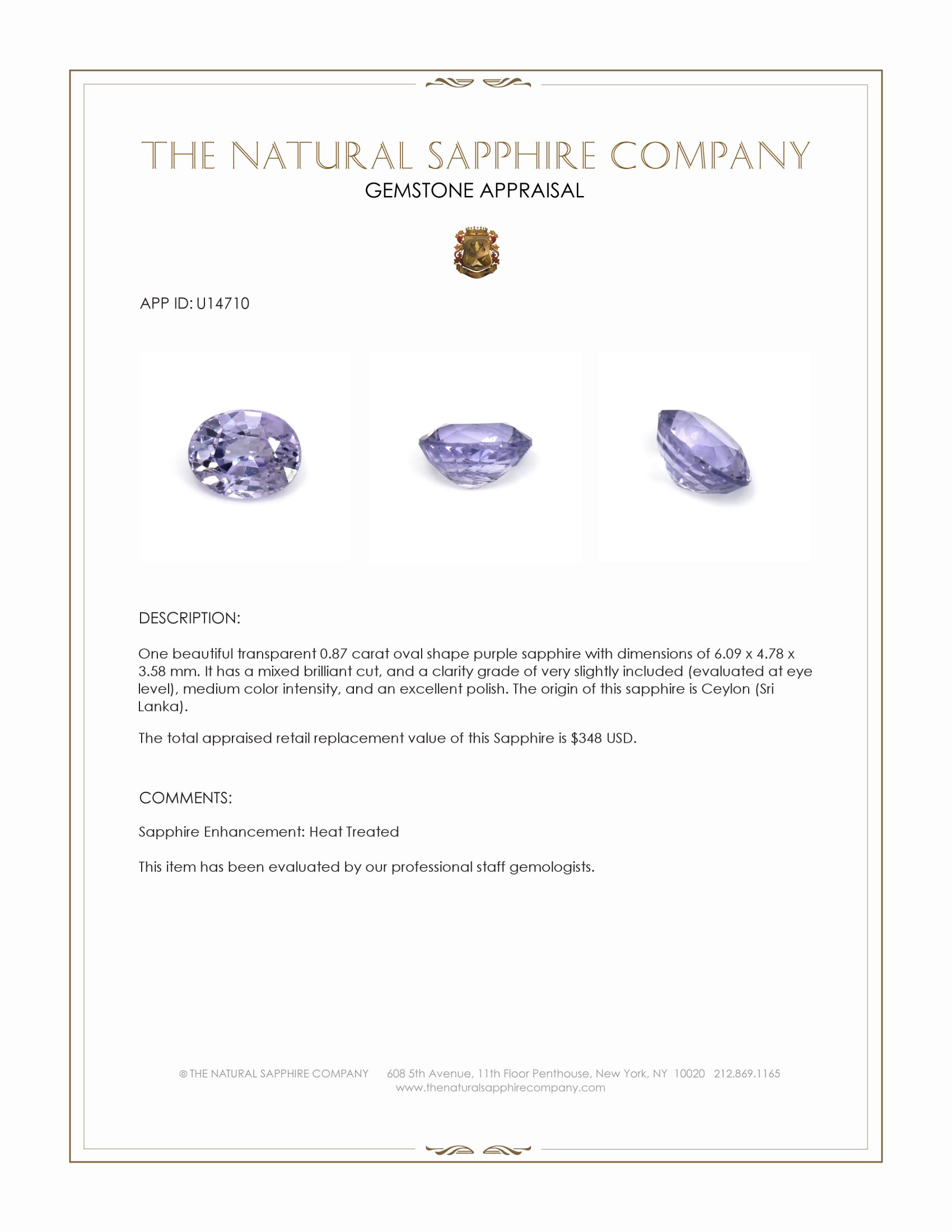 0.87 Ct. Purple Sapphire from Ceylon (Sri Lanka)