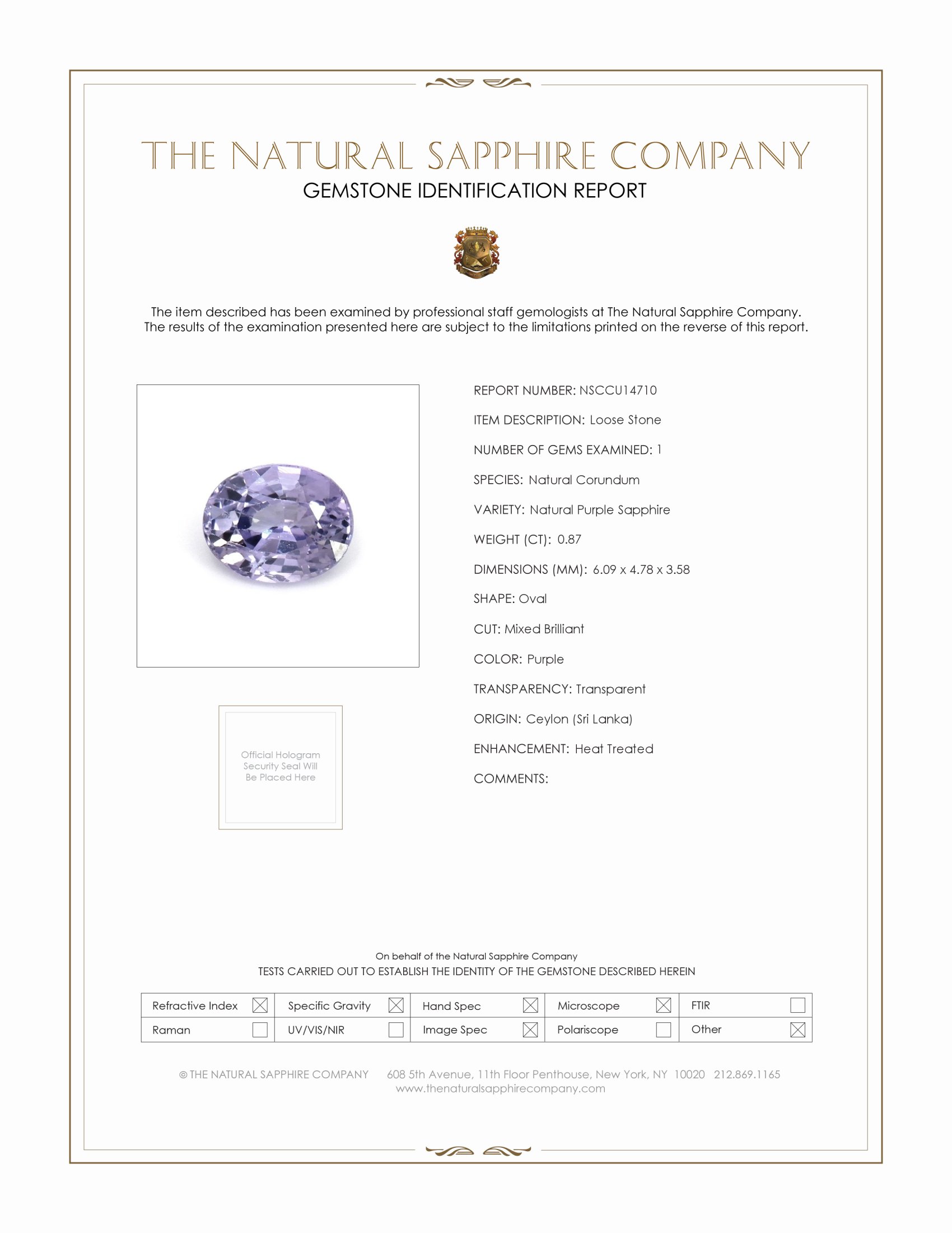 0.87 Ct. Purple Sapphire from Ceylon (Sri Lanka)