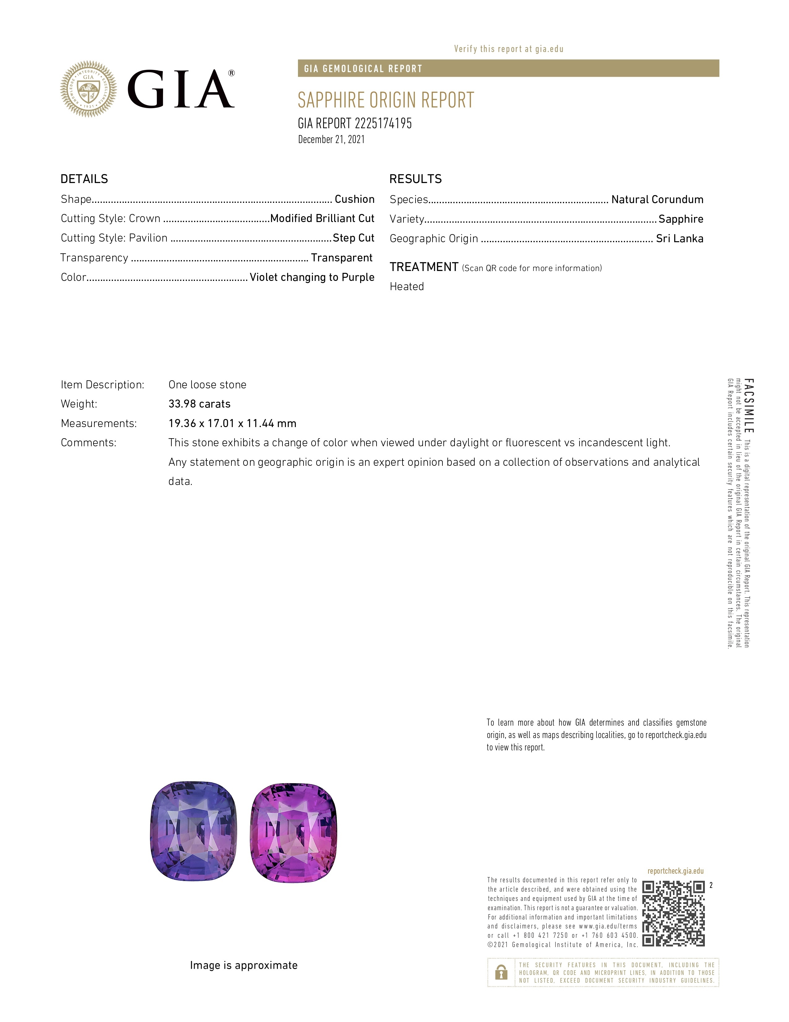 33.98 Ct. Color Change Sapphire from Ceylon (Sri Lanka)