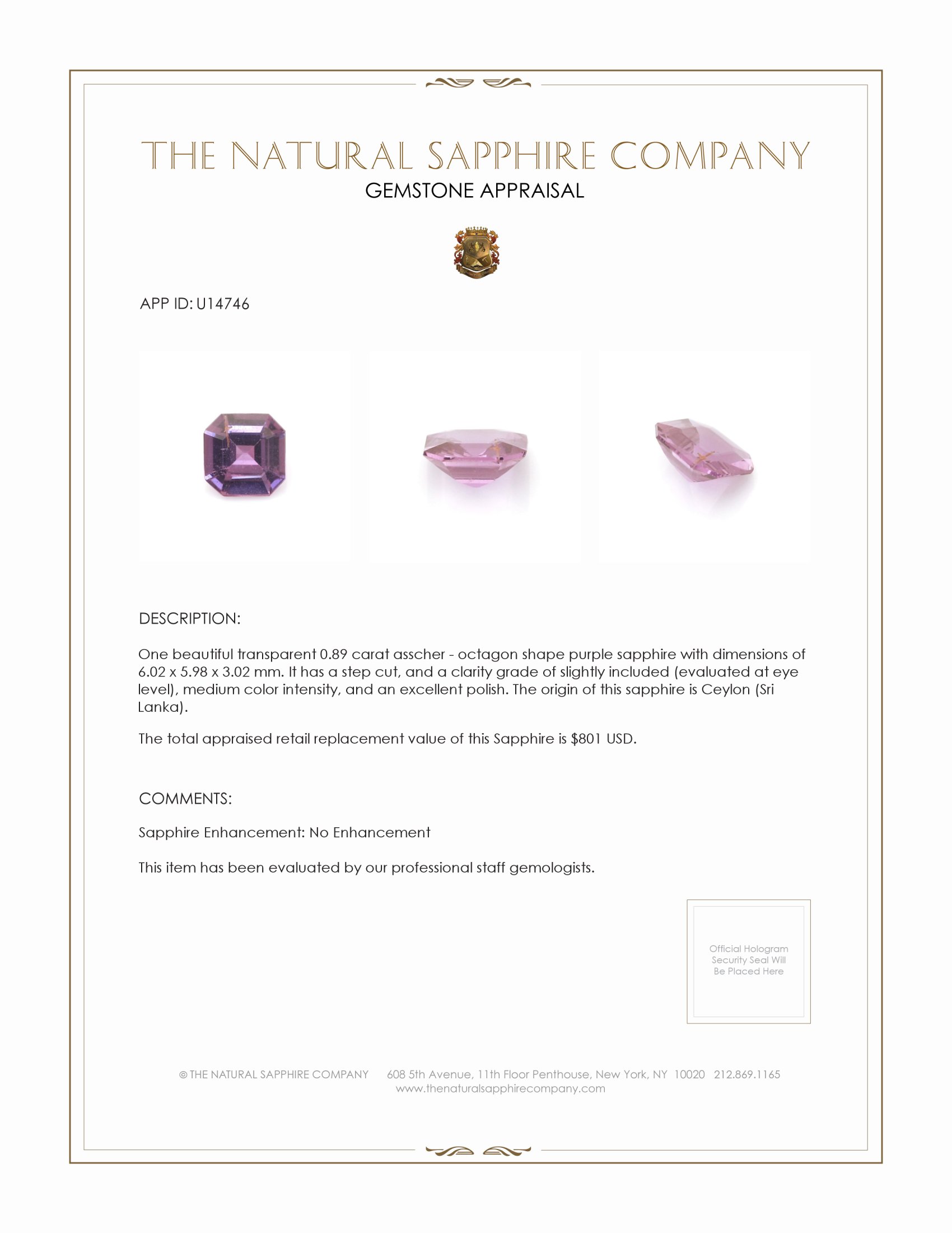 0.89 Ct. Purple Sapphire from Ceylon (Sri Lanka)