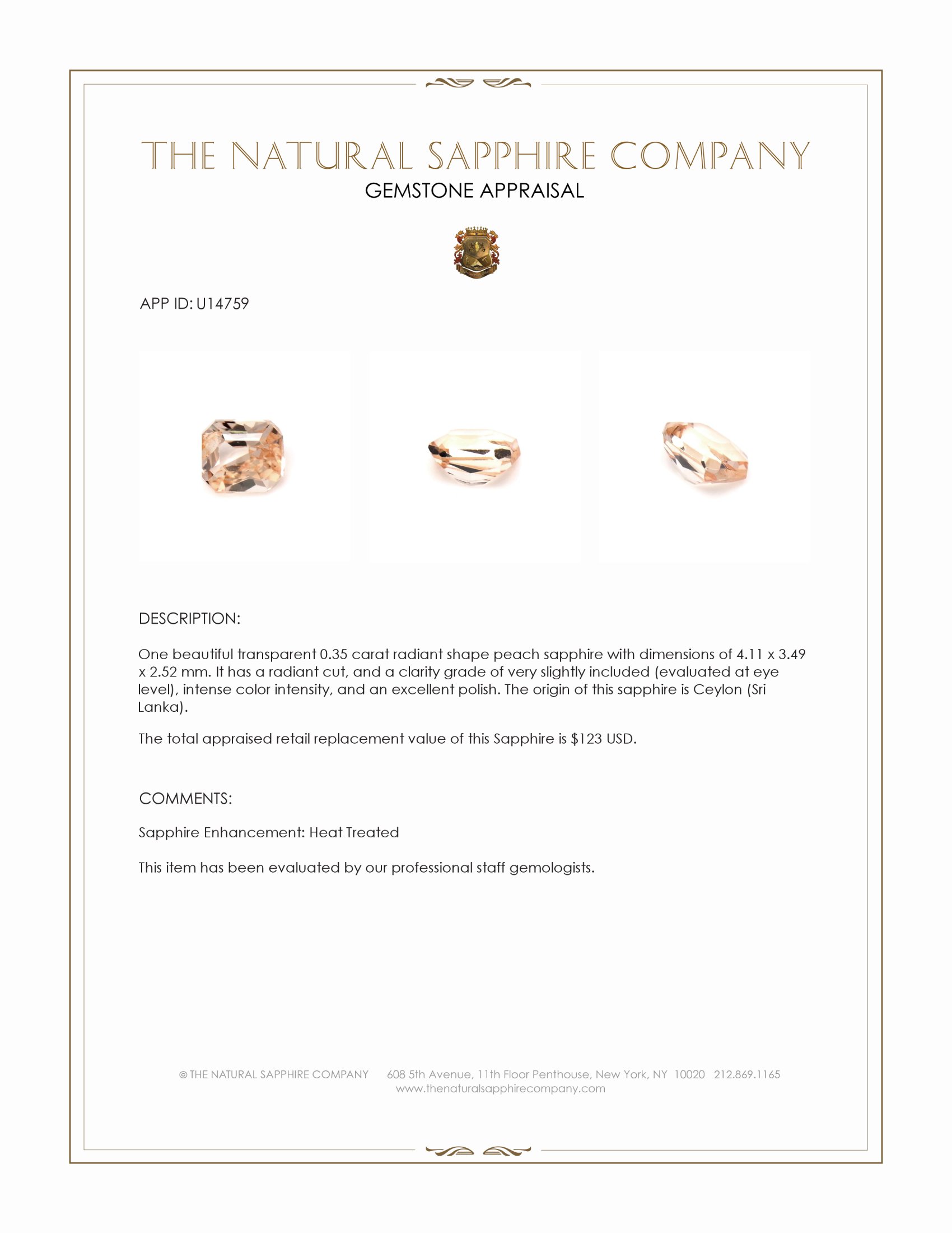 0.35 Ct. Peach Sapphire from Ceylon (Sri Lanka)