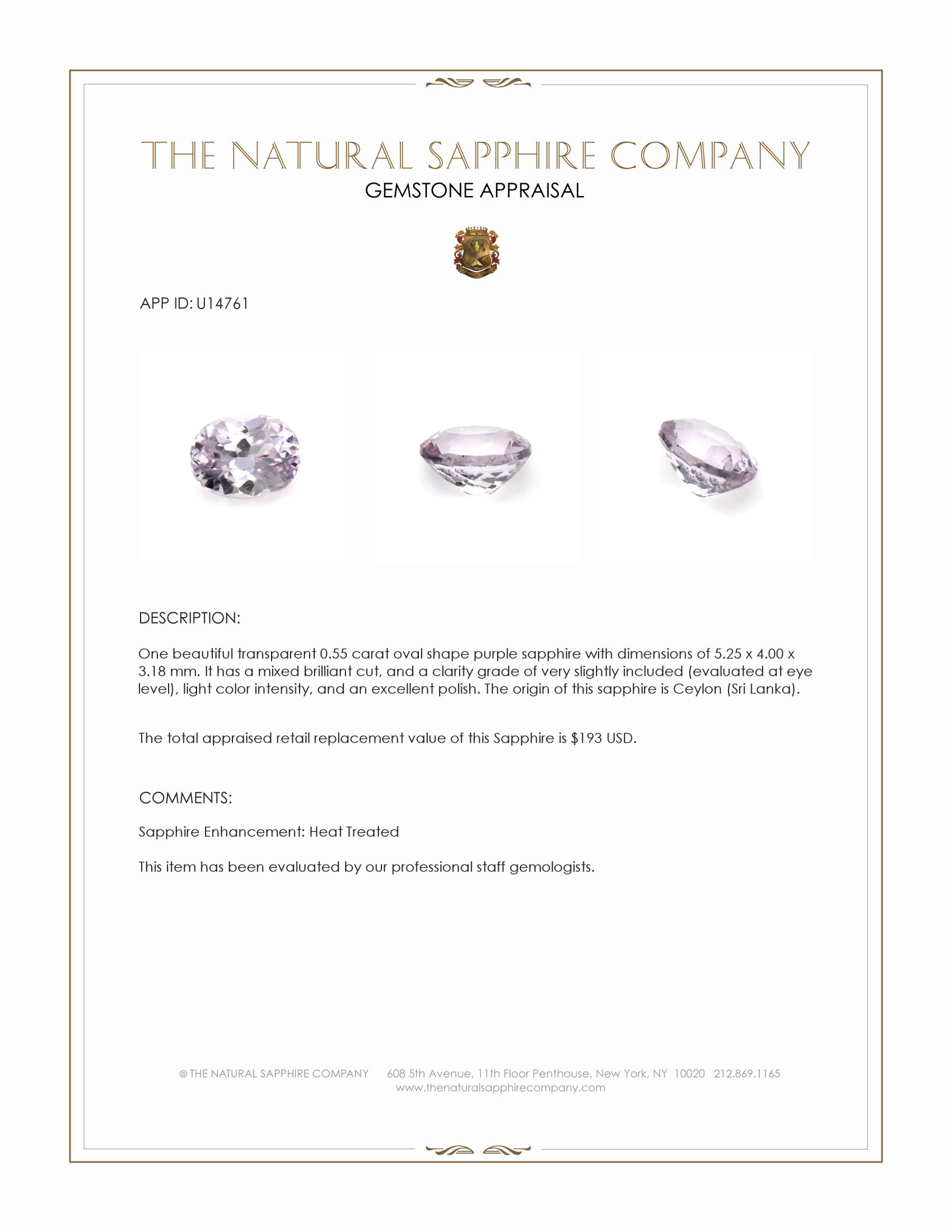 0.55 Ct. Purple Sapphire from Ceylon (Sri Lanka)