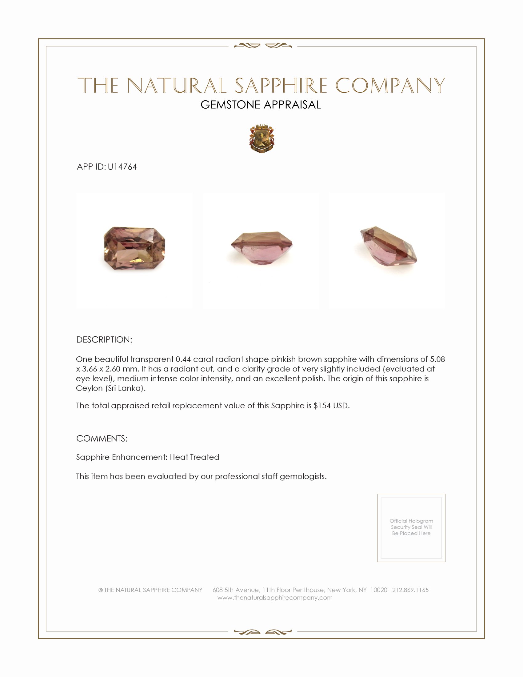 0.44 Ct. Pinkish Brown Sapphire from Ceylon (Sri Lanka)