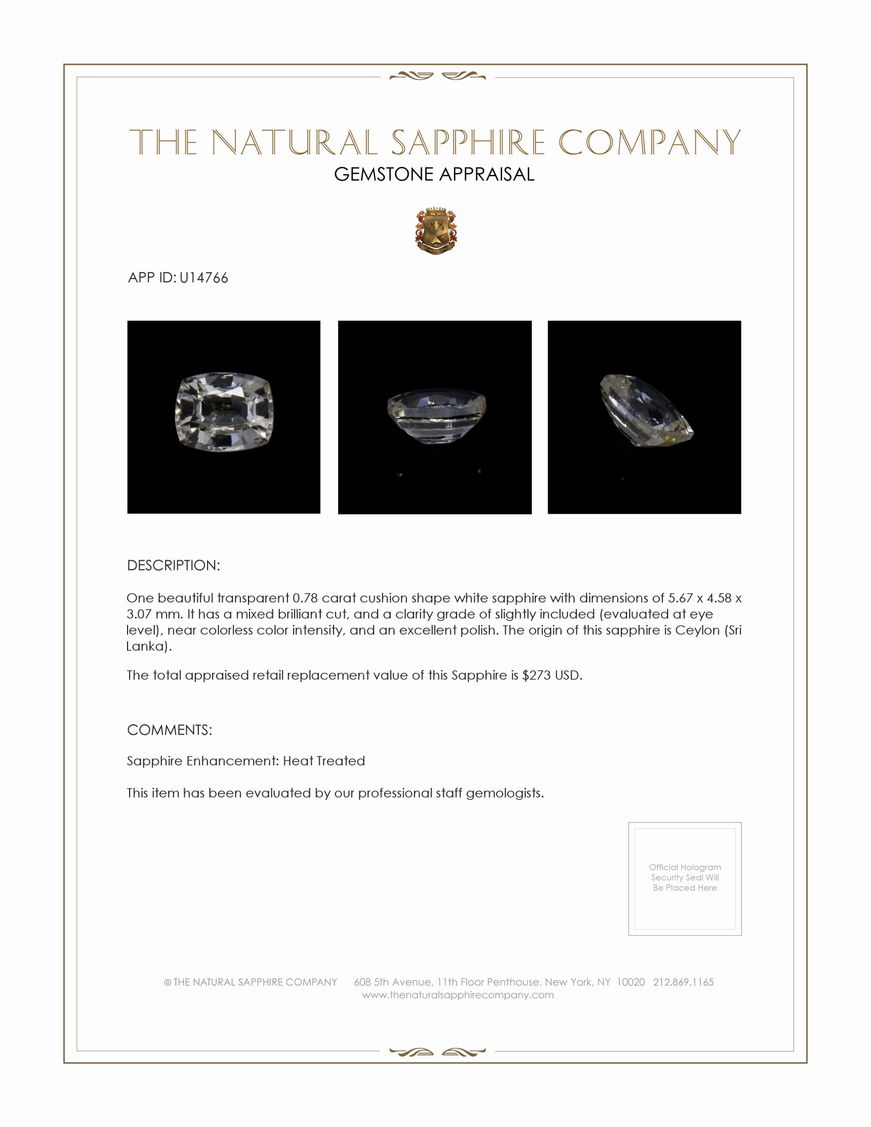 0.78 Ct. White Sapphire from Ceylon (Sri Lanka)