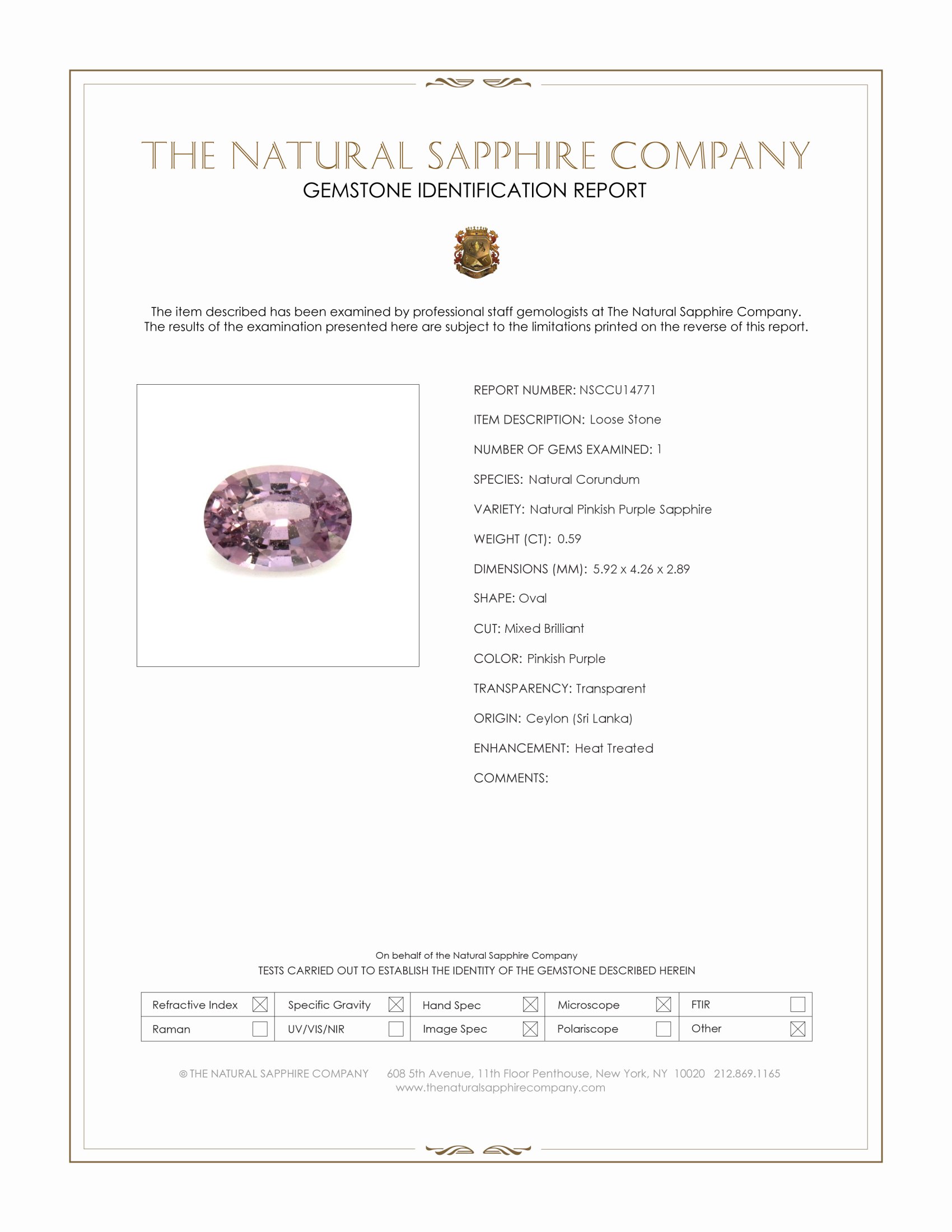 0.59 Ct. Pinkish Purple Sapphire from Ceylon (Sri Lanka)