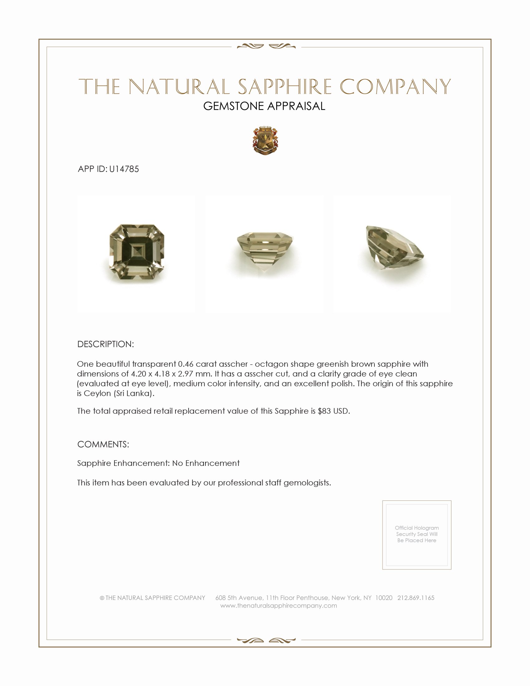 0.46 Ct. Greenish Brown Sapphire from Ceylon (Sri Lanka)