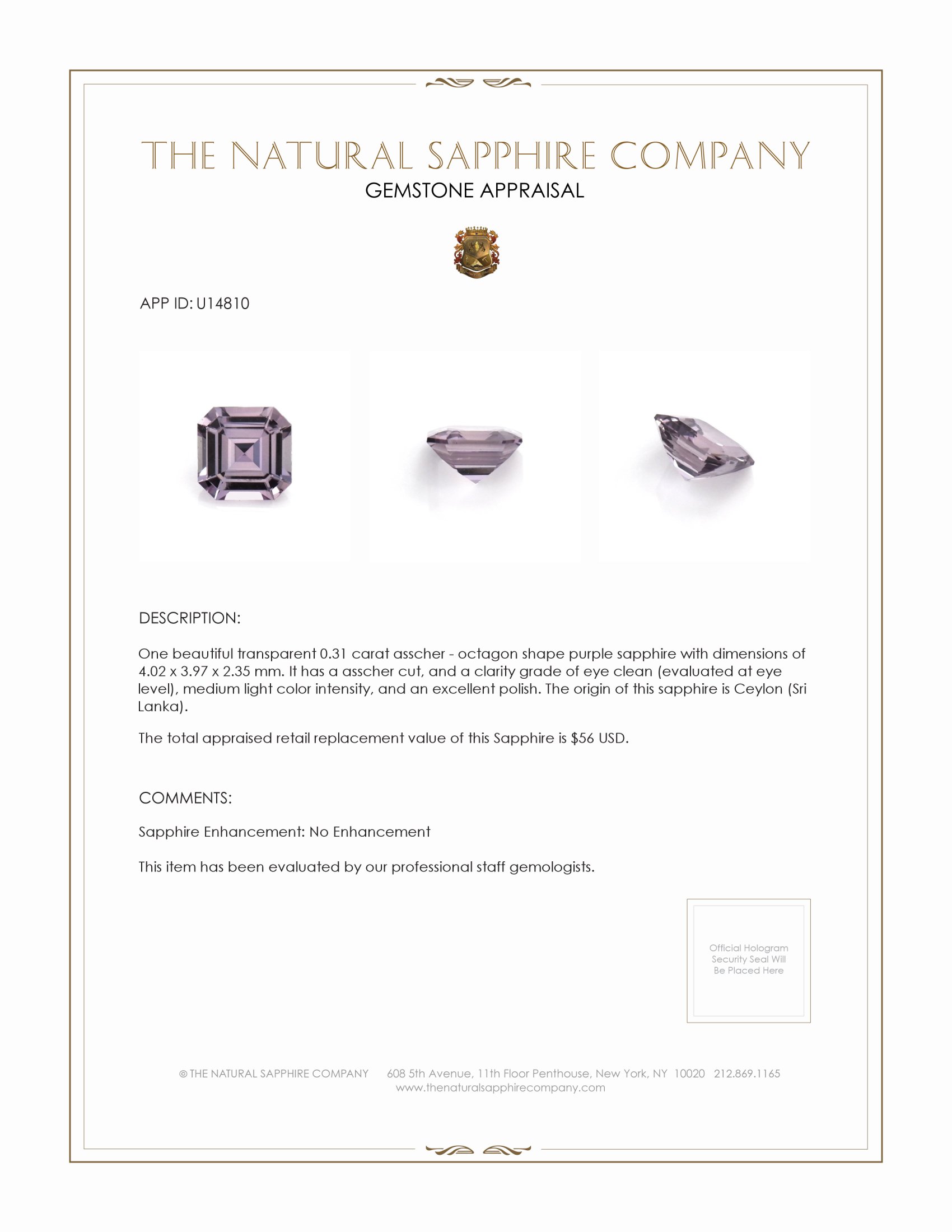 0.31 Ct. Purple Sapphire from Ceylon (Sri Lanka)