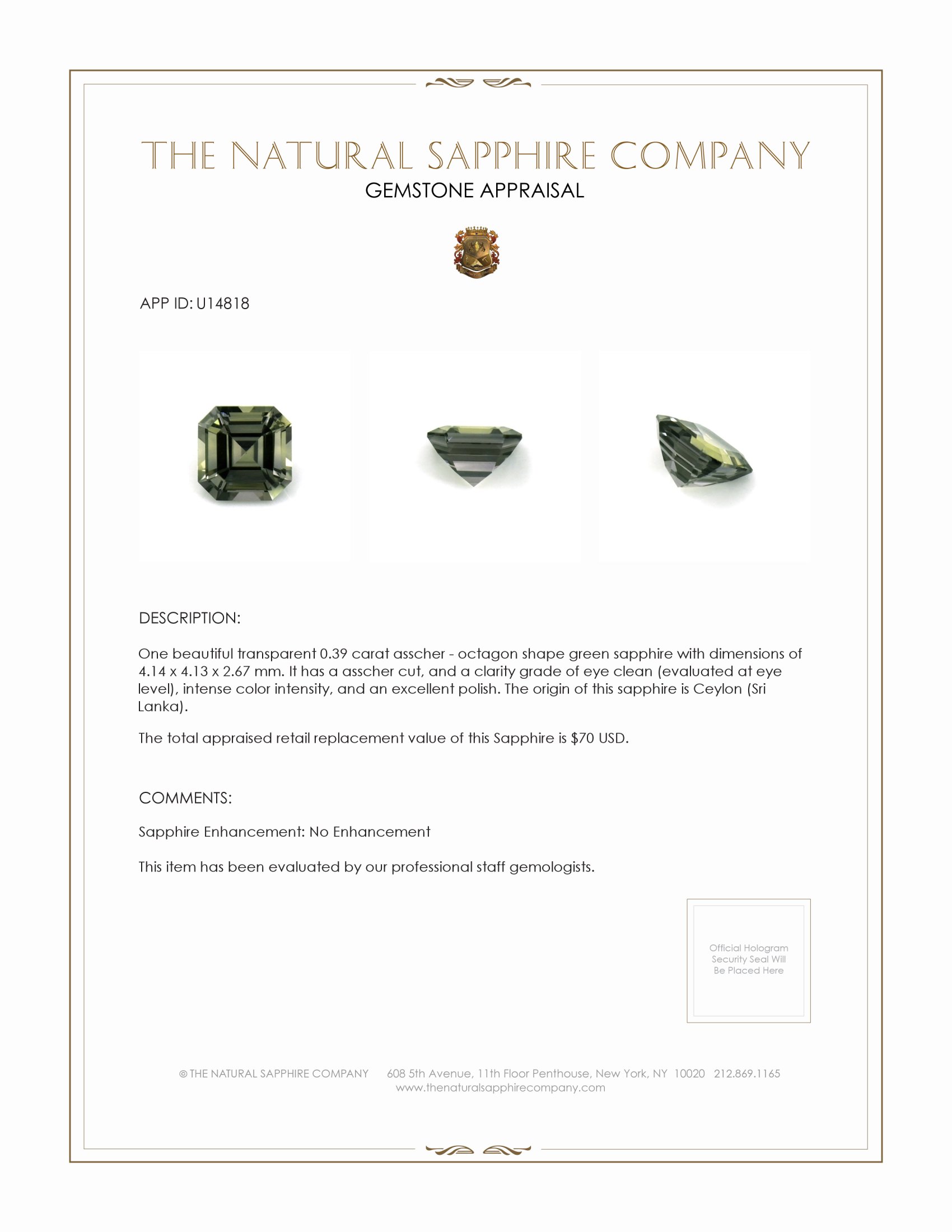 0.39 Ct. Green Sapphire from Ceylon (Sri Lanka)