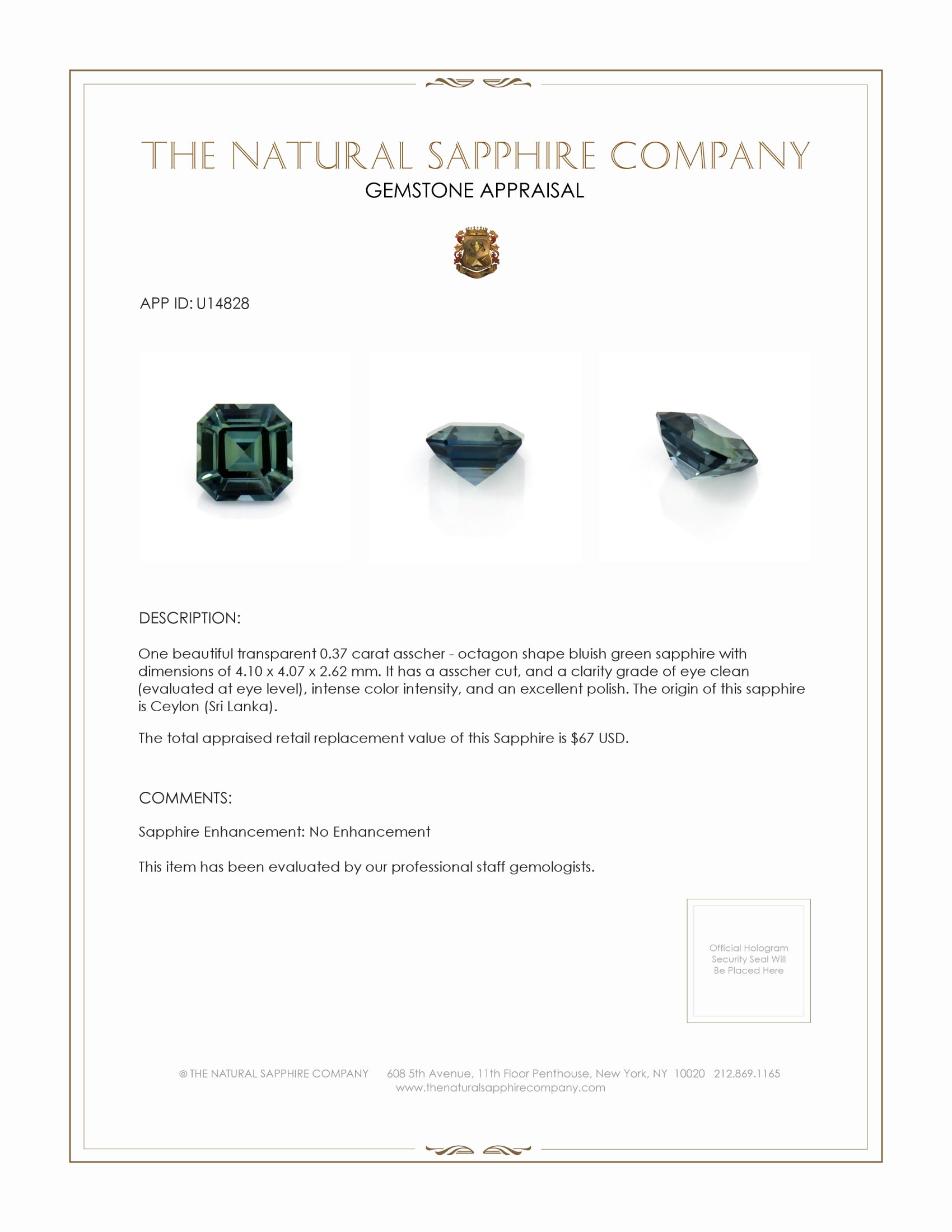 0.37 Ct. Bluish Green Sapphire from Ceylon (Sri Lanka)