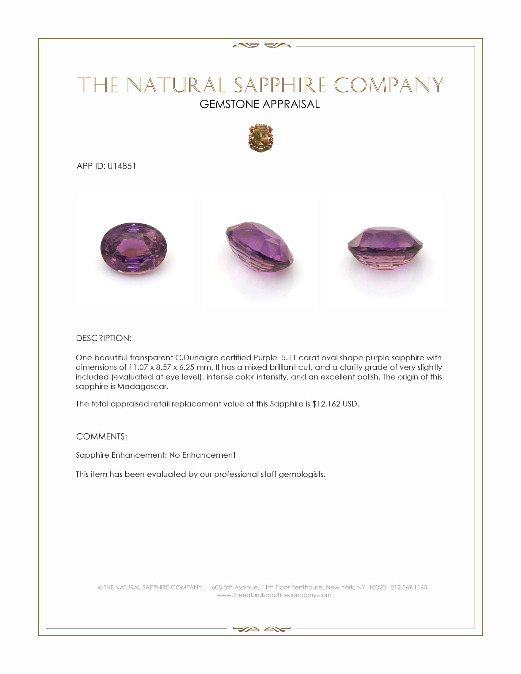 5.11 Ct. Purple Sapphire from Madagascar
